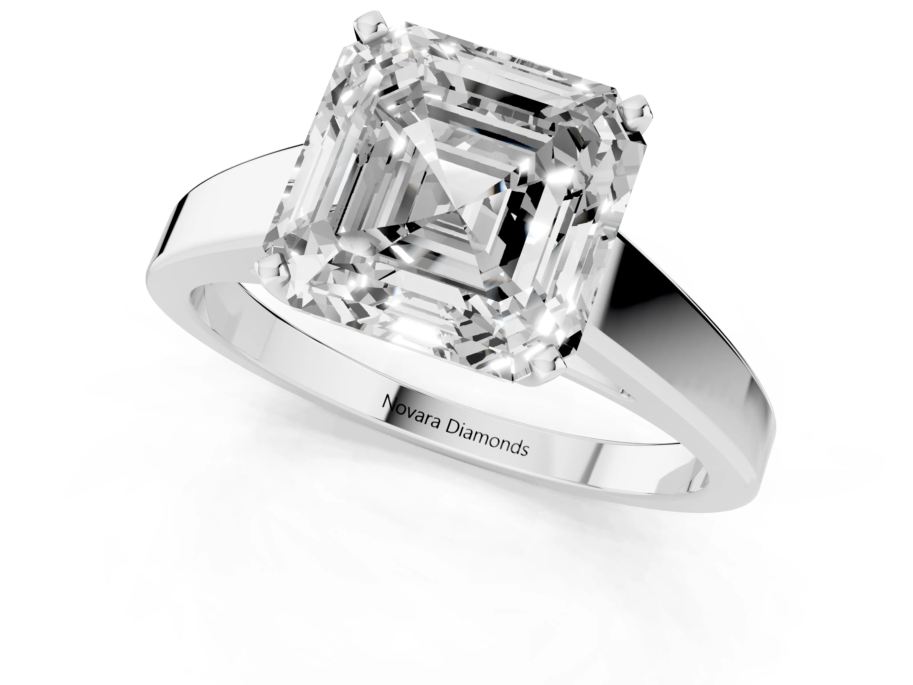Asscher Cut Diamond Solitaire Engagement Ring Set in White gold with Prong Setting and Tapered Band