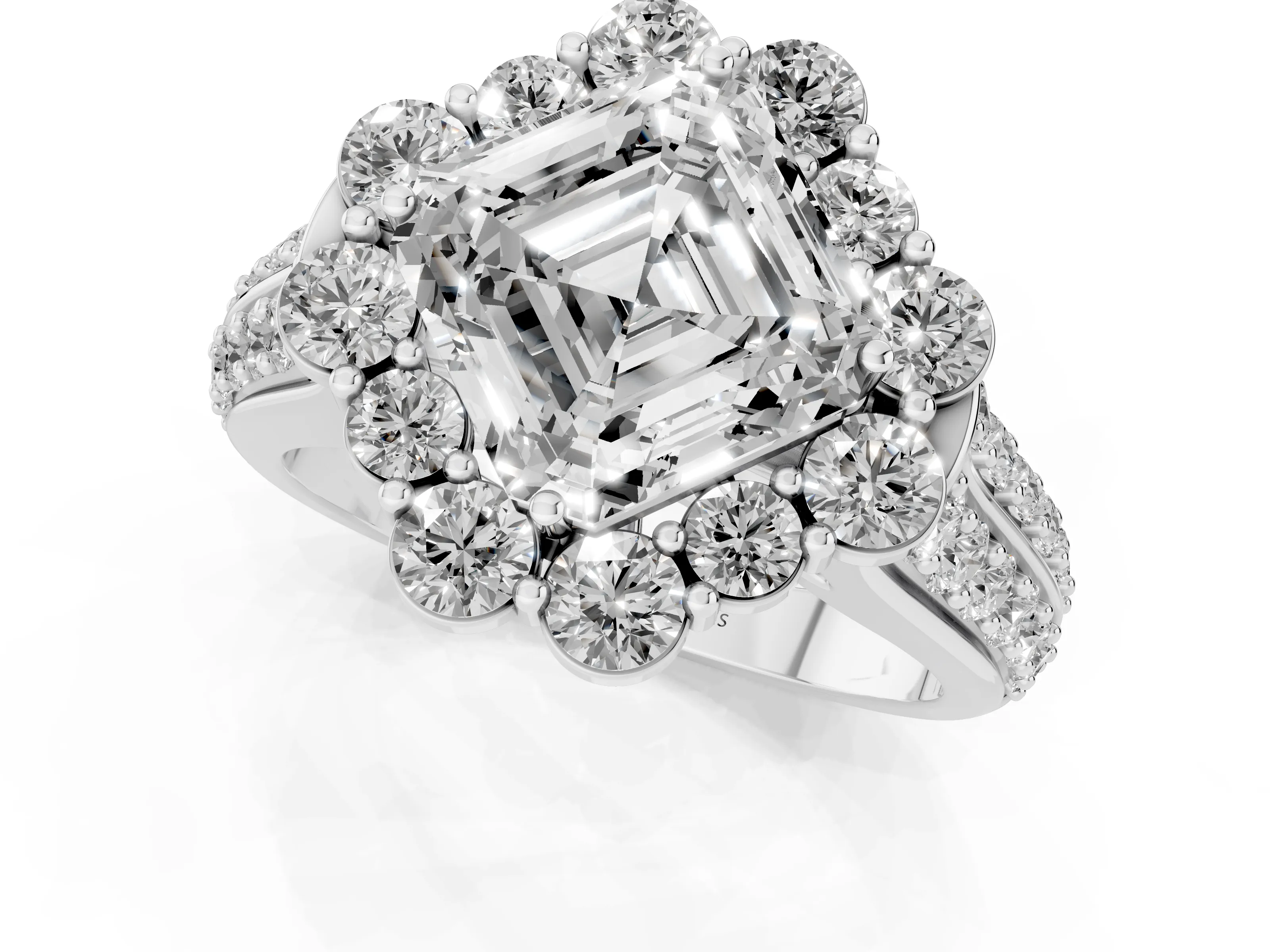 Asscher Cut Diamond Halo Engagement Ring Set in Silver with Split Shank and Prong Setting