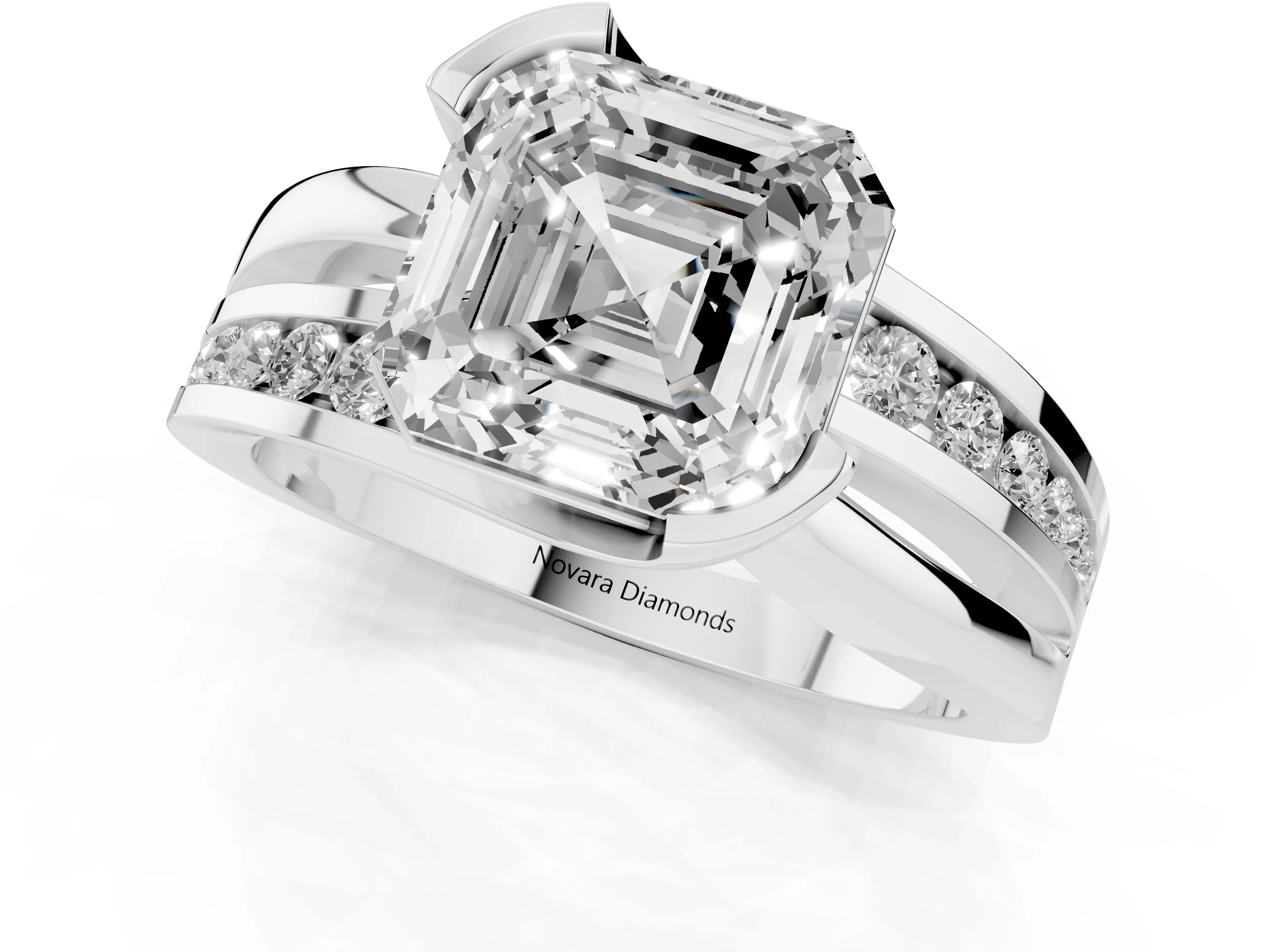 Asscher Cut Diamond Solitaire Ring Set in Platinum with Channel Set Split Shank and Tension Prongs