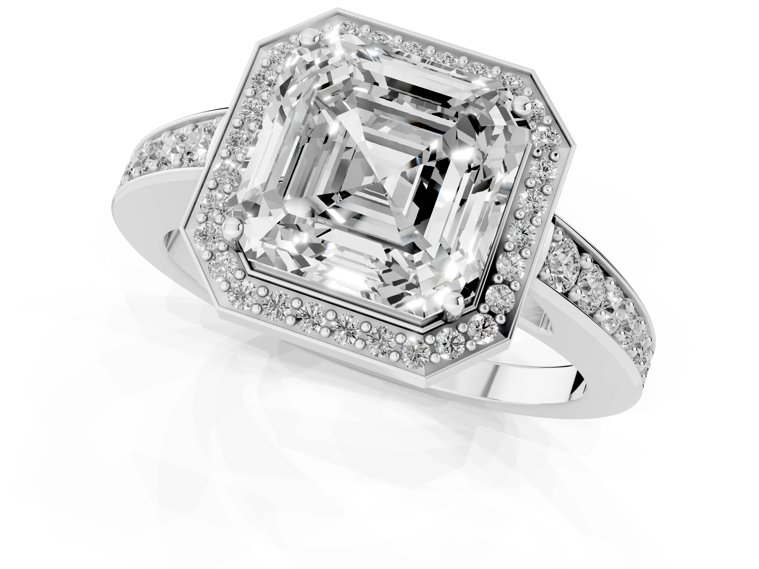 Asscher Cut Diamond Halo Pavé Engagement Ring Set in Platinum with Bezel Setting