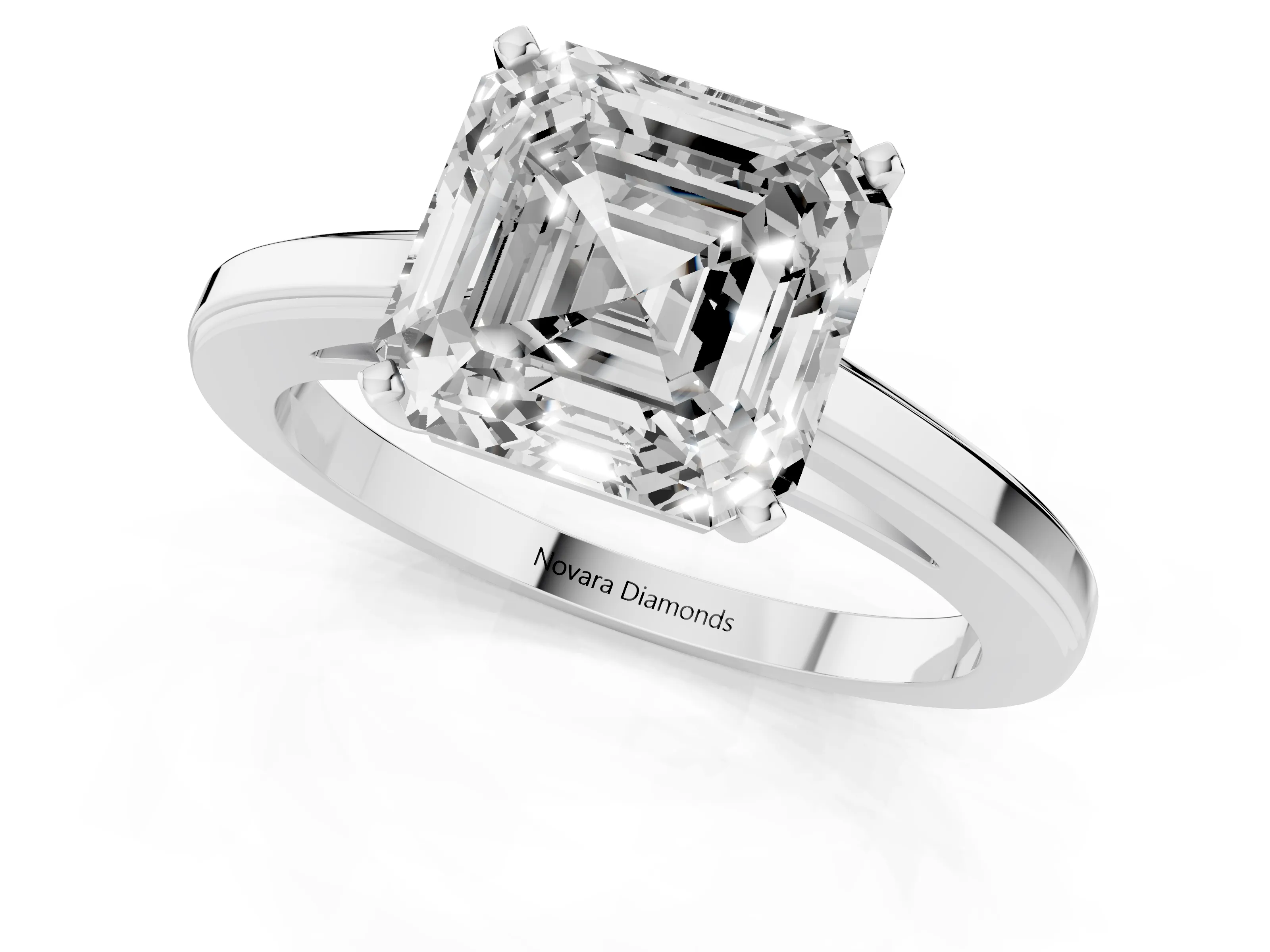 Asscher Cut Diamond Solitaire Ring Set in Platinum with Prong Setting and Classic Band
