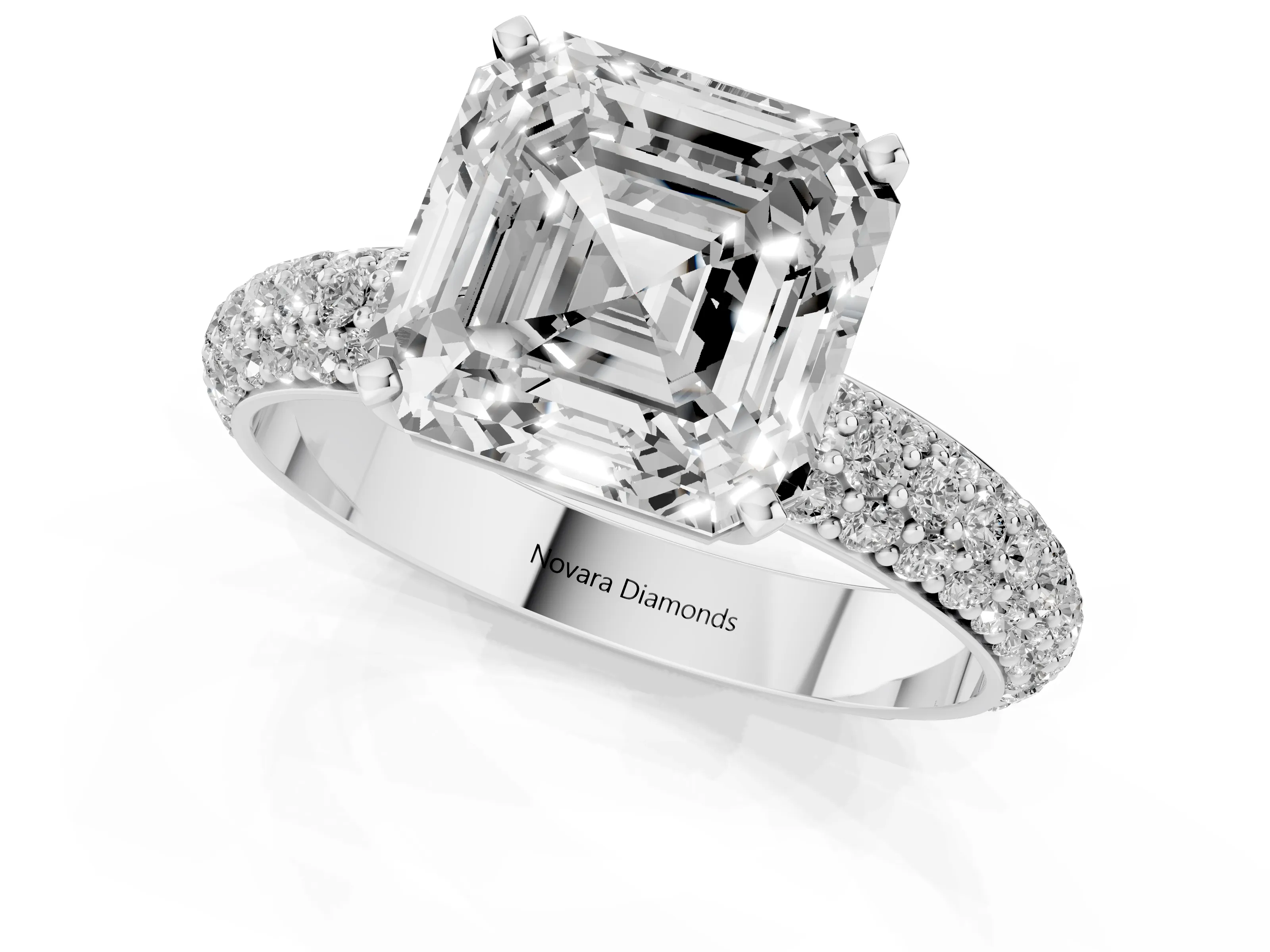 Asscher Cut Diamond Solitaire Ring Set in White gold with Prong Setting and Pavé-Set Band