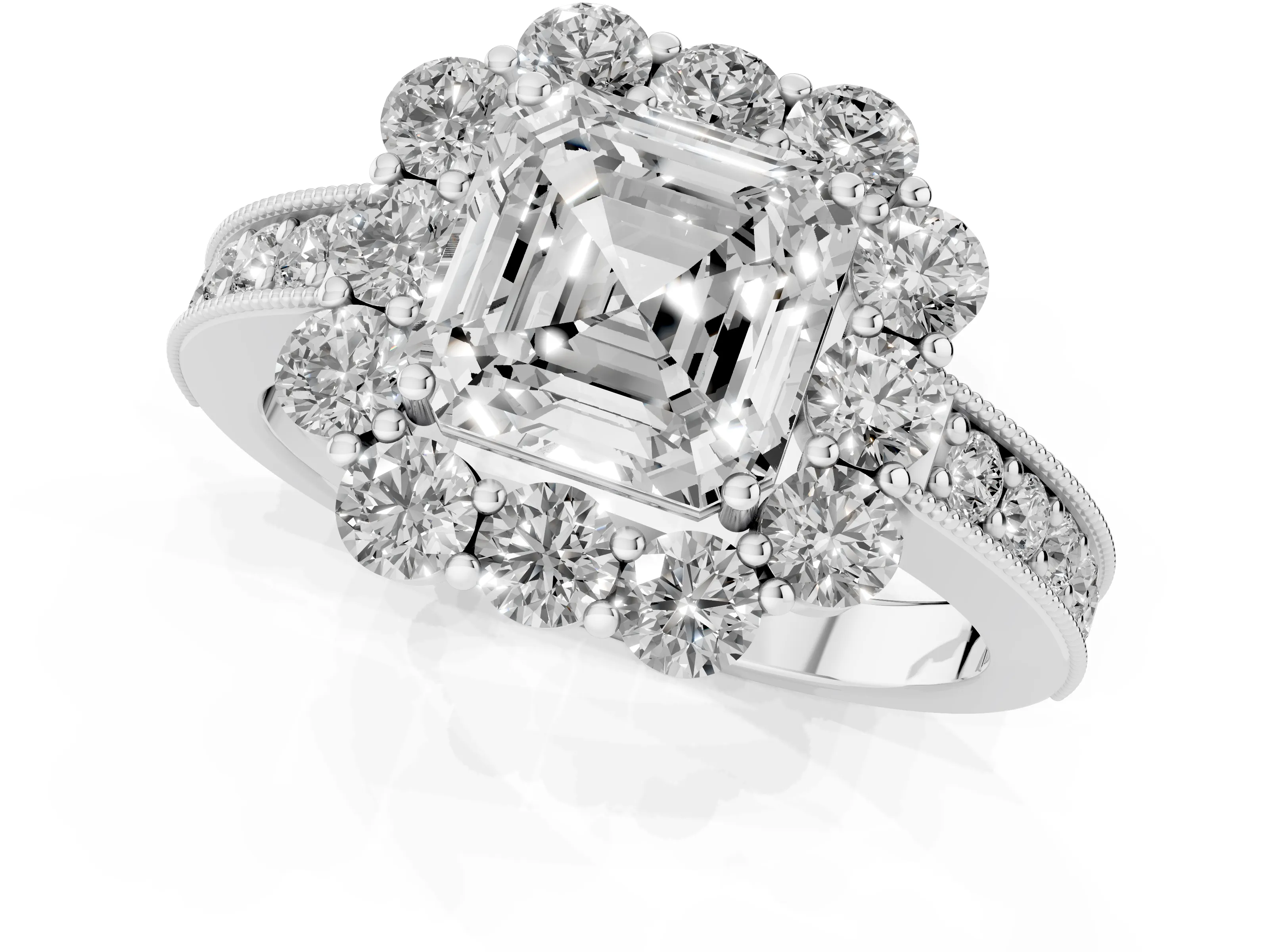 Asscher Cut Diamond Halo Pavé Engagement Ring Set in White gold with Milgrain Detailing