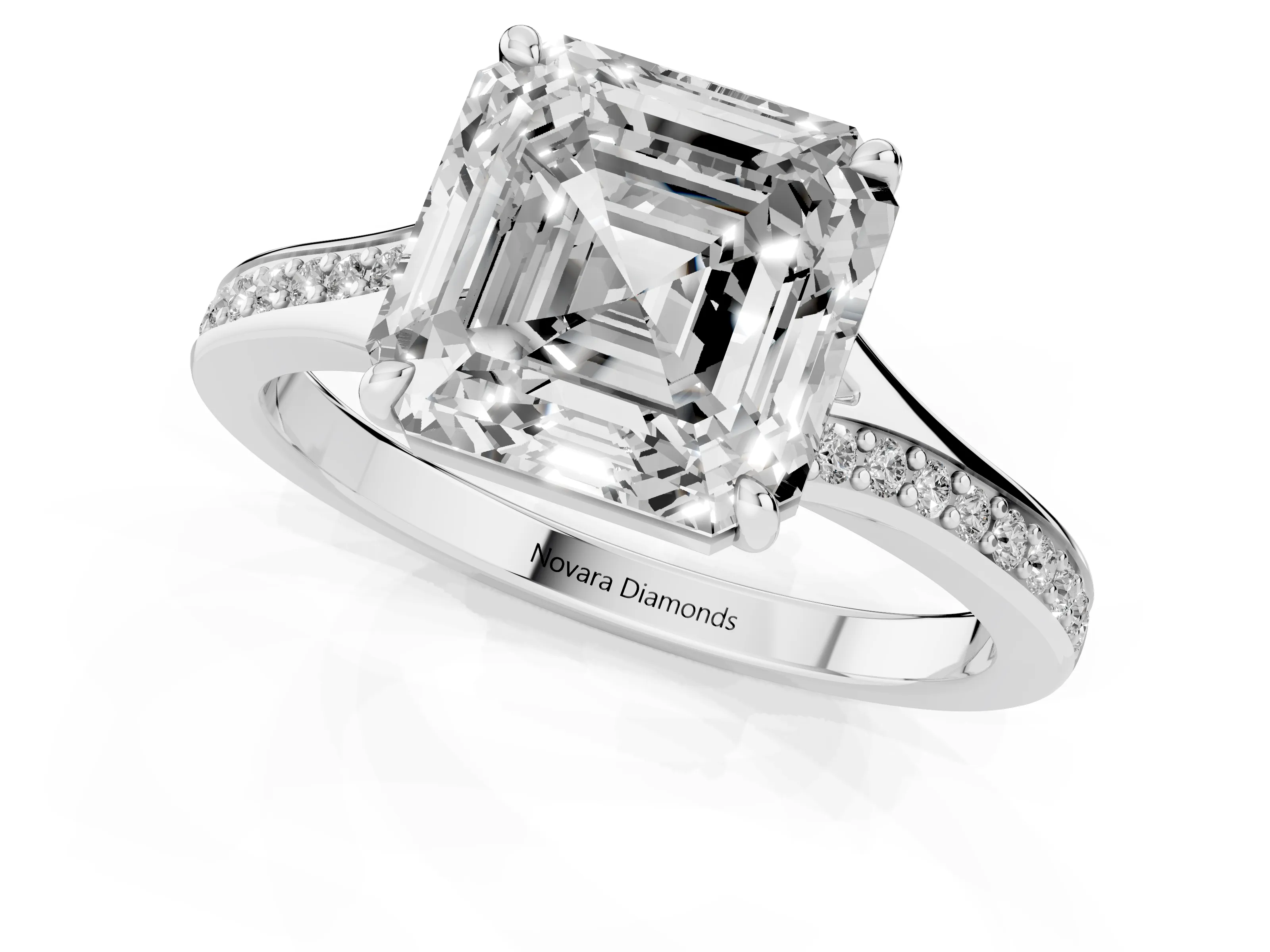 Asscher Cut Diamond Solitaire Ring Set in Silver with Pavé Accent Band and Classic Prong Setting – second view