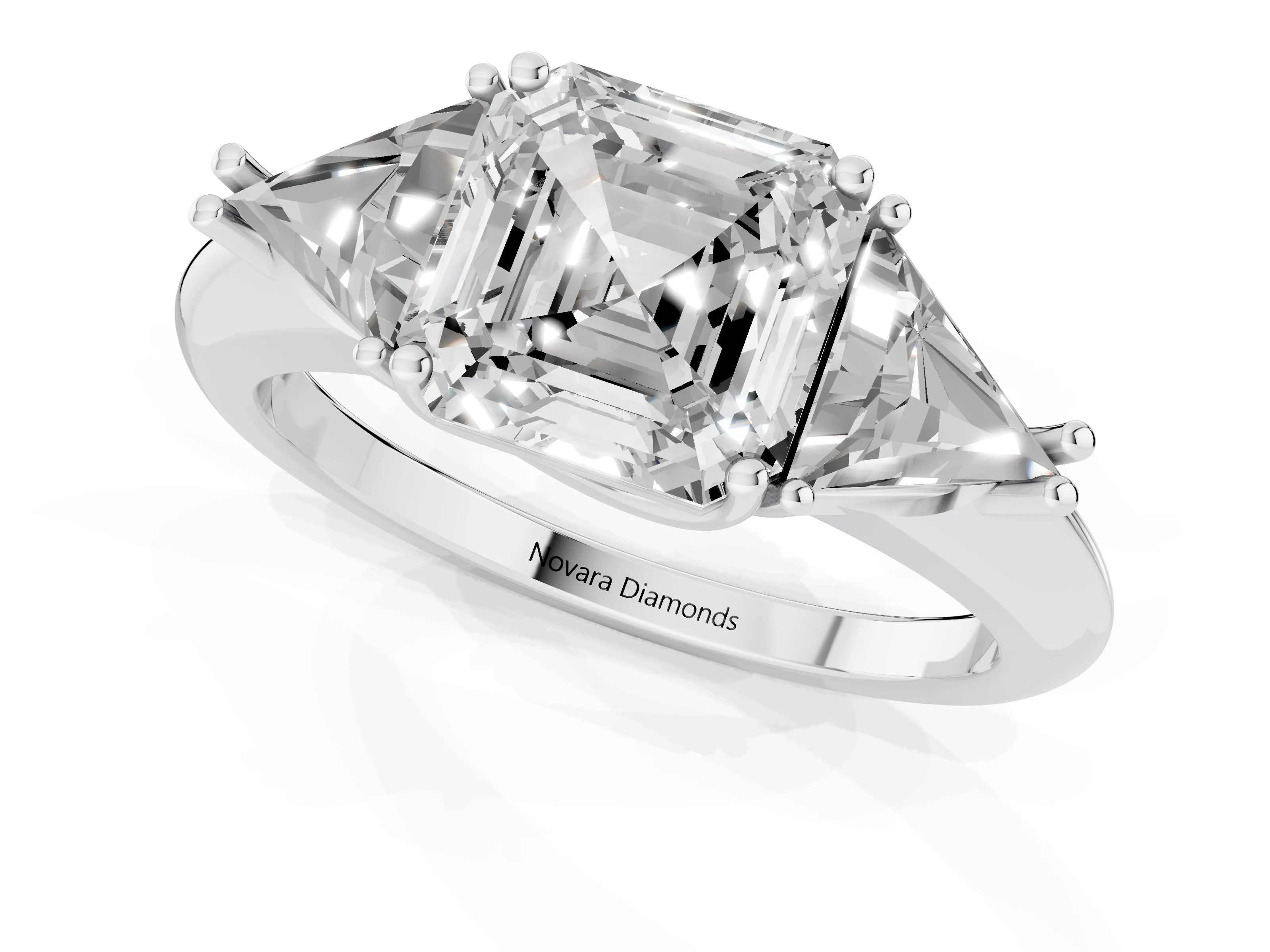 Asscher Cut Diamond Three-Stone Engagement Ring Set in Platinum with Trillion Side Stones
