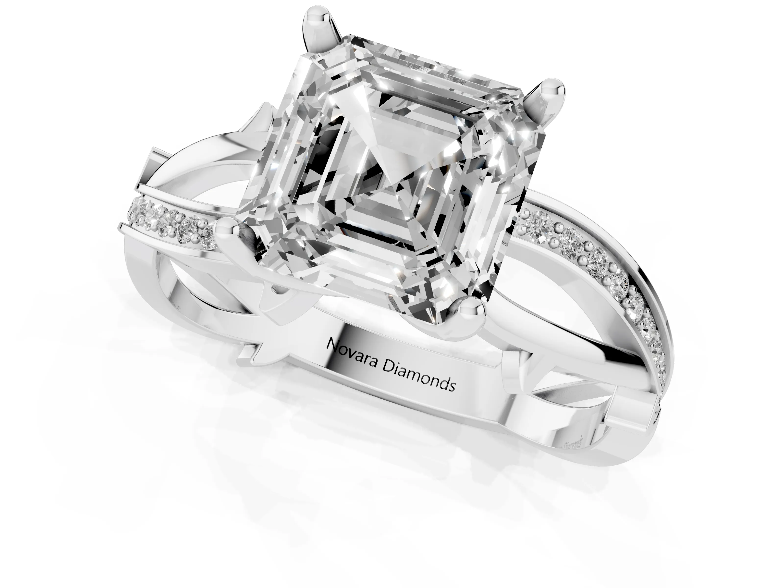 Asscher Cut Diamond Pavé Twist Band Solitaire Ring Set in White gold with Prong Setting
