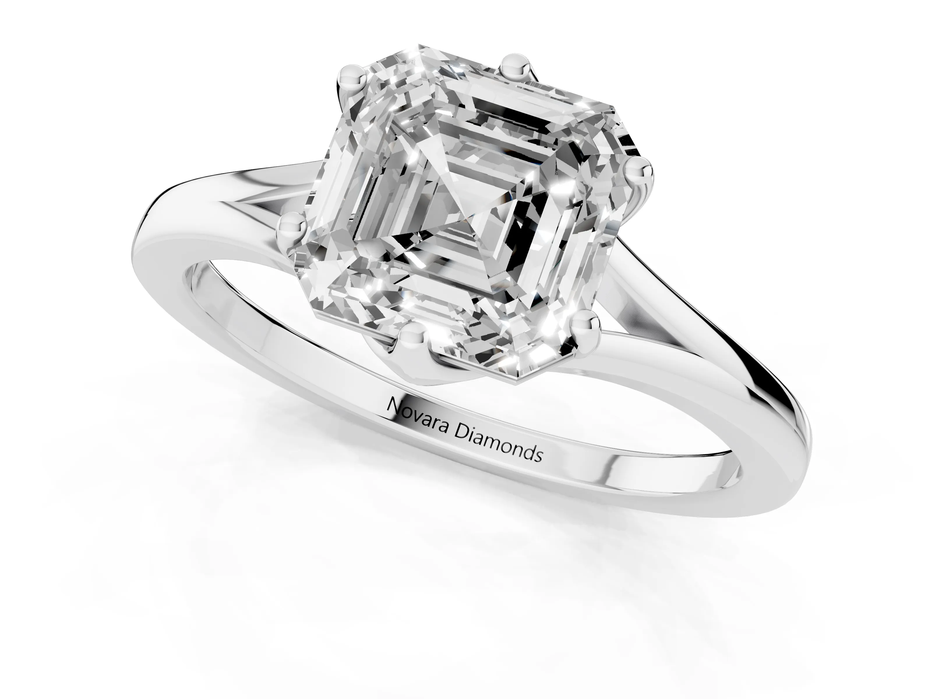 Asscher Cut Diamond Solitaire Ring Set in Silver with Polished Tapered Band and Prong Setting