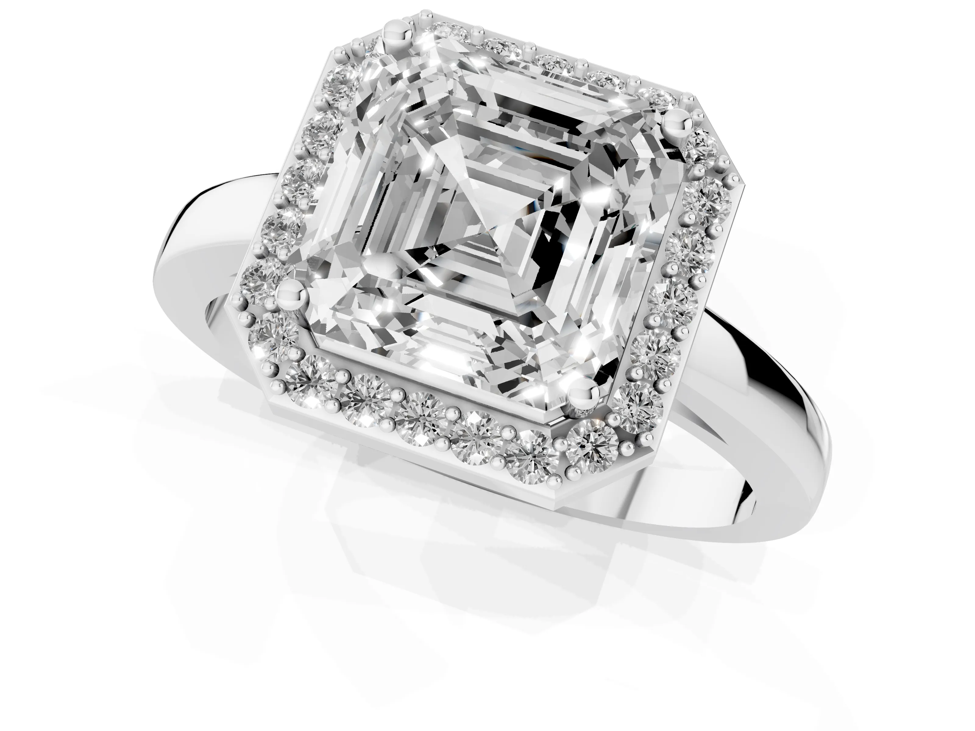 Asscher Cut Diamond Halo Ring Set in Platinum with Solitaire Band and Prong Setting