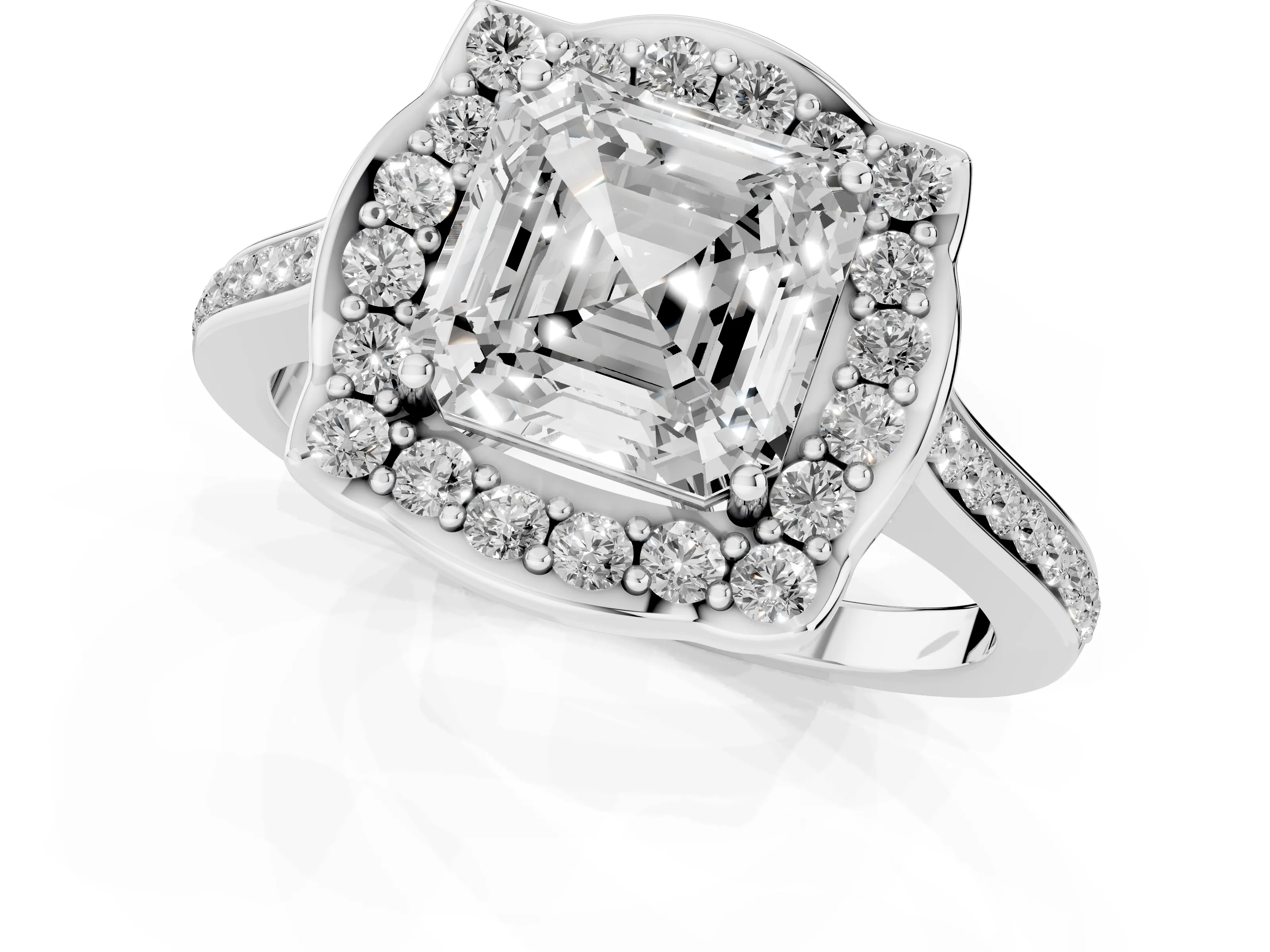 Asscher Cut Diamond Halo Ring Set in Silver with Pavé-Lined Shoulders and Prong Setting