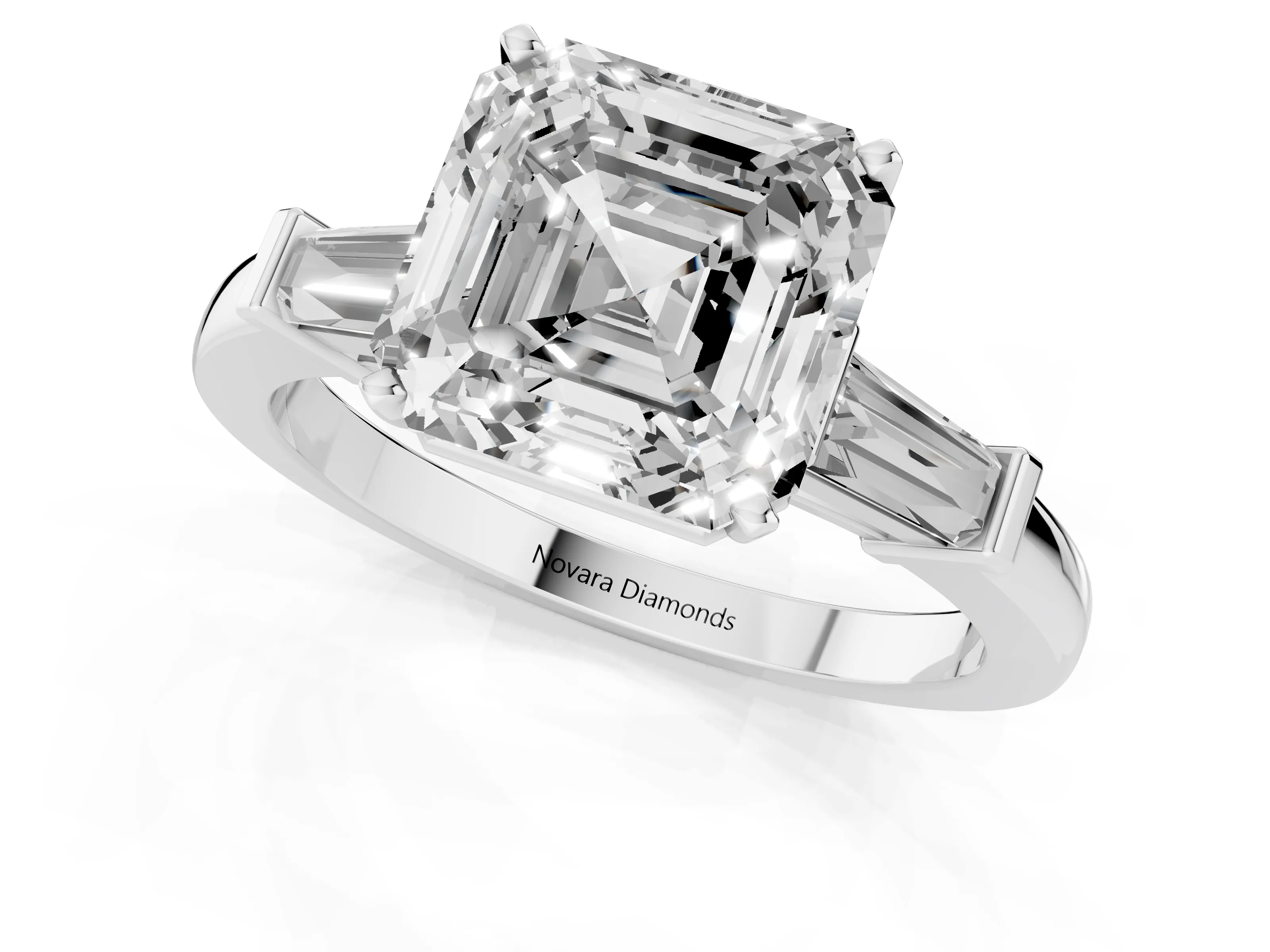 Asscher Cut Diamond Solitaire Ring Set in Platinum with Tapered Baguette Accents and Prong Setting