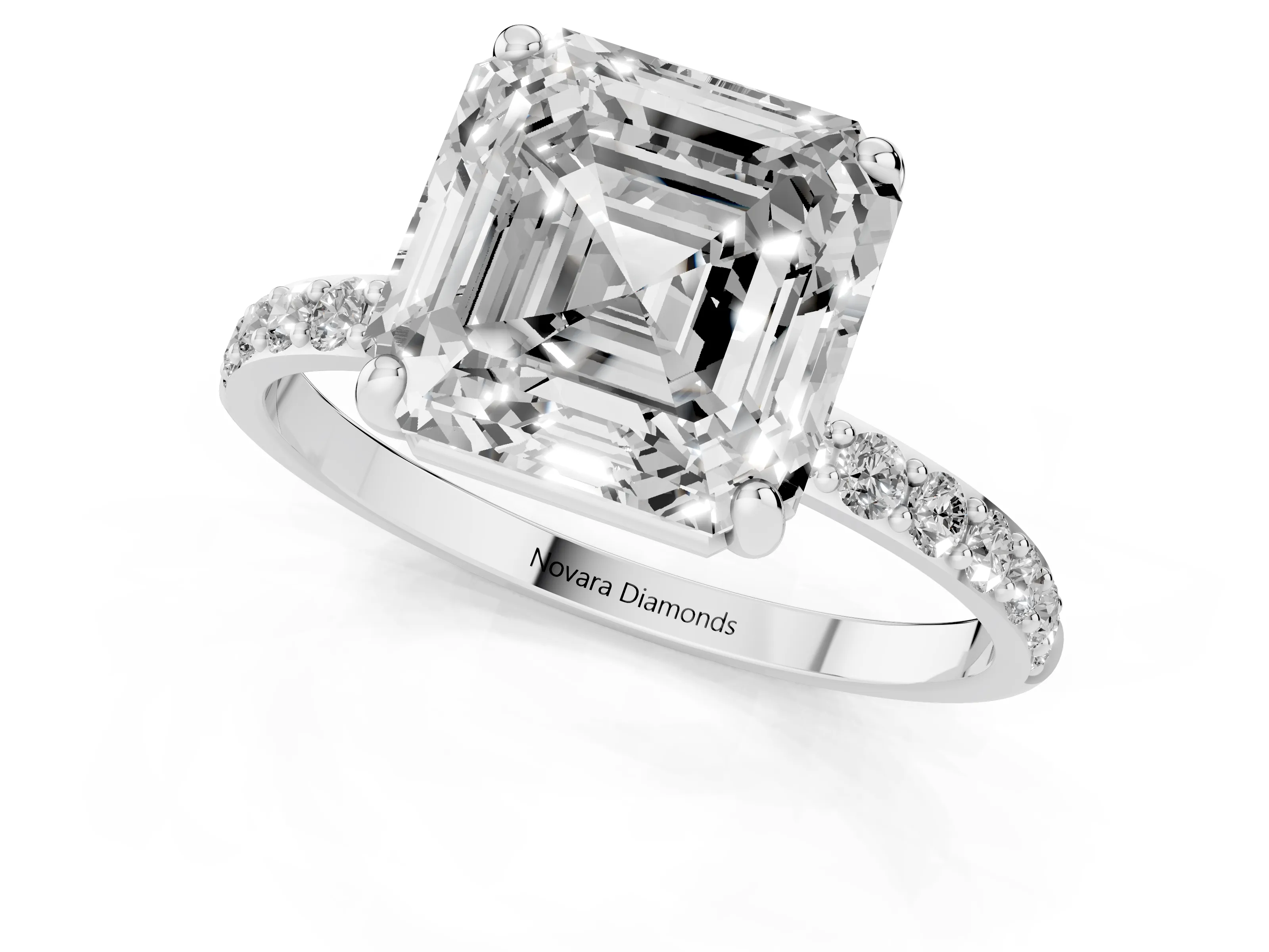 Asscher Cut Diamond Solitaire Ring Set in Silver with Round Pavé Band and Prong Setting