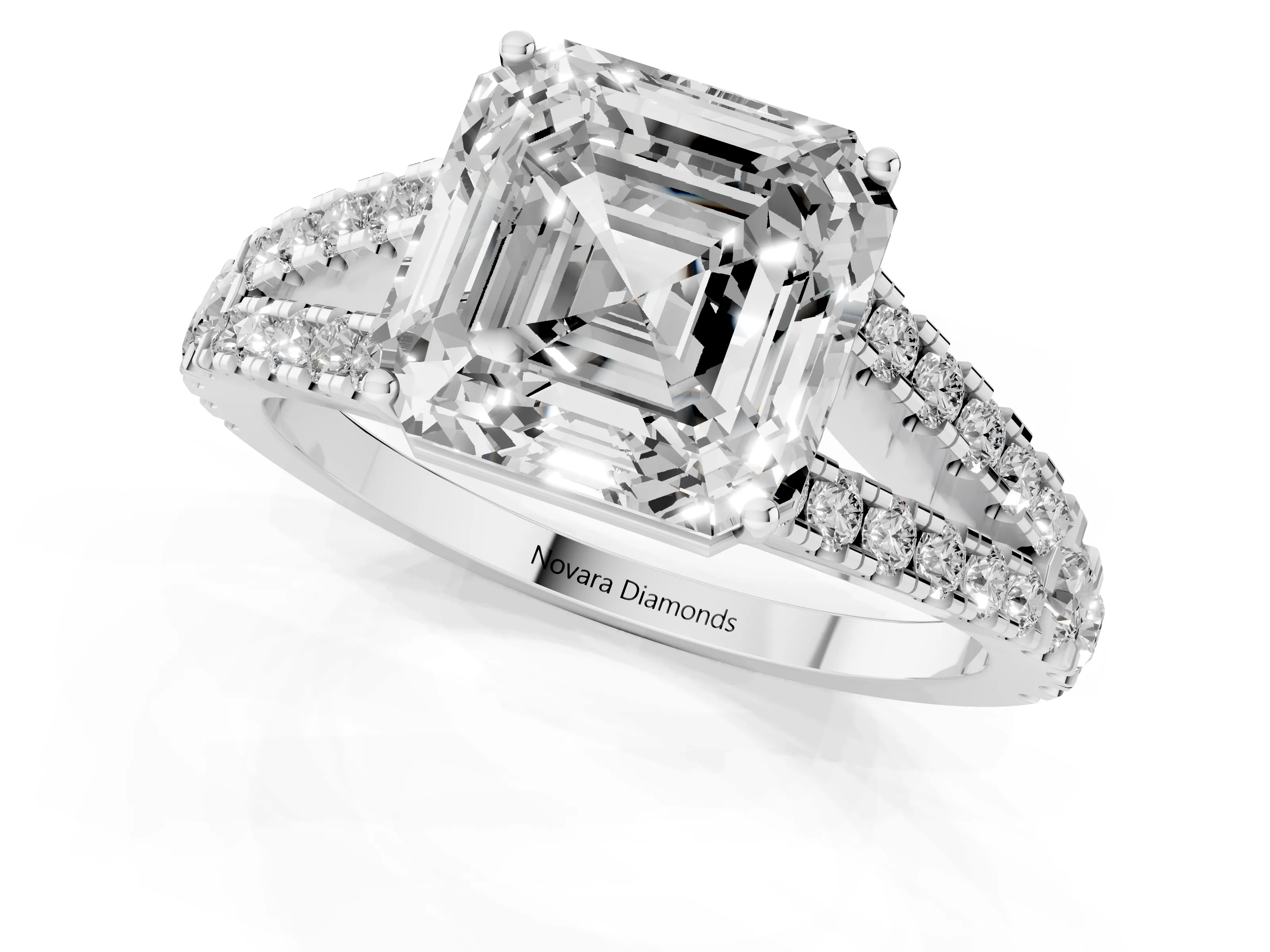 Asscher Cut Diamond Split Shank Pavé Engagement Ring Set in White gold with Prong-Held Center Stone