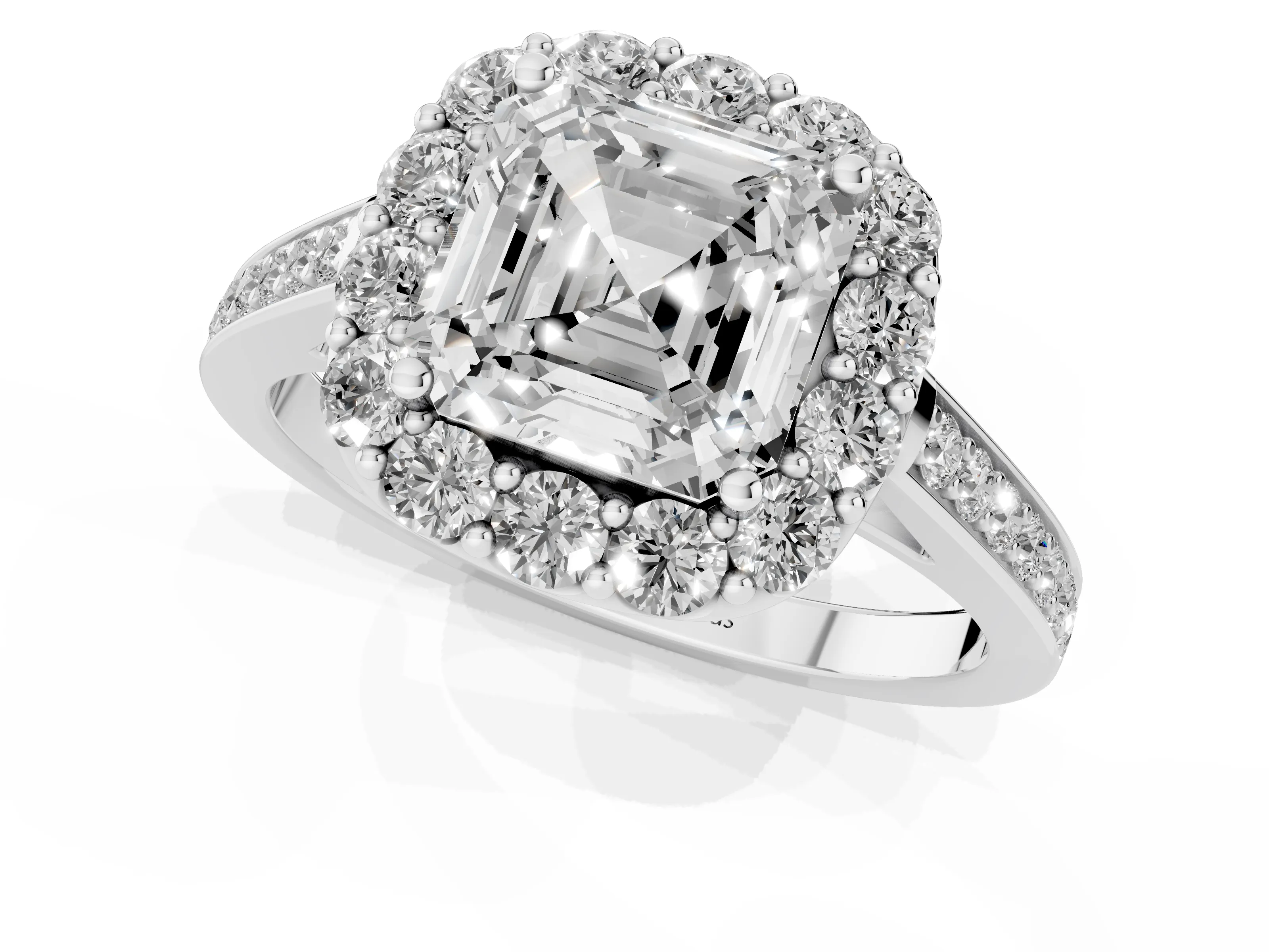 Asscher Cut Diamond Floral Halo Ring Set in White gold with Pavé Band and Prong Setting