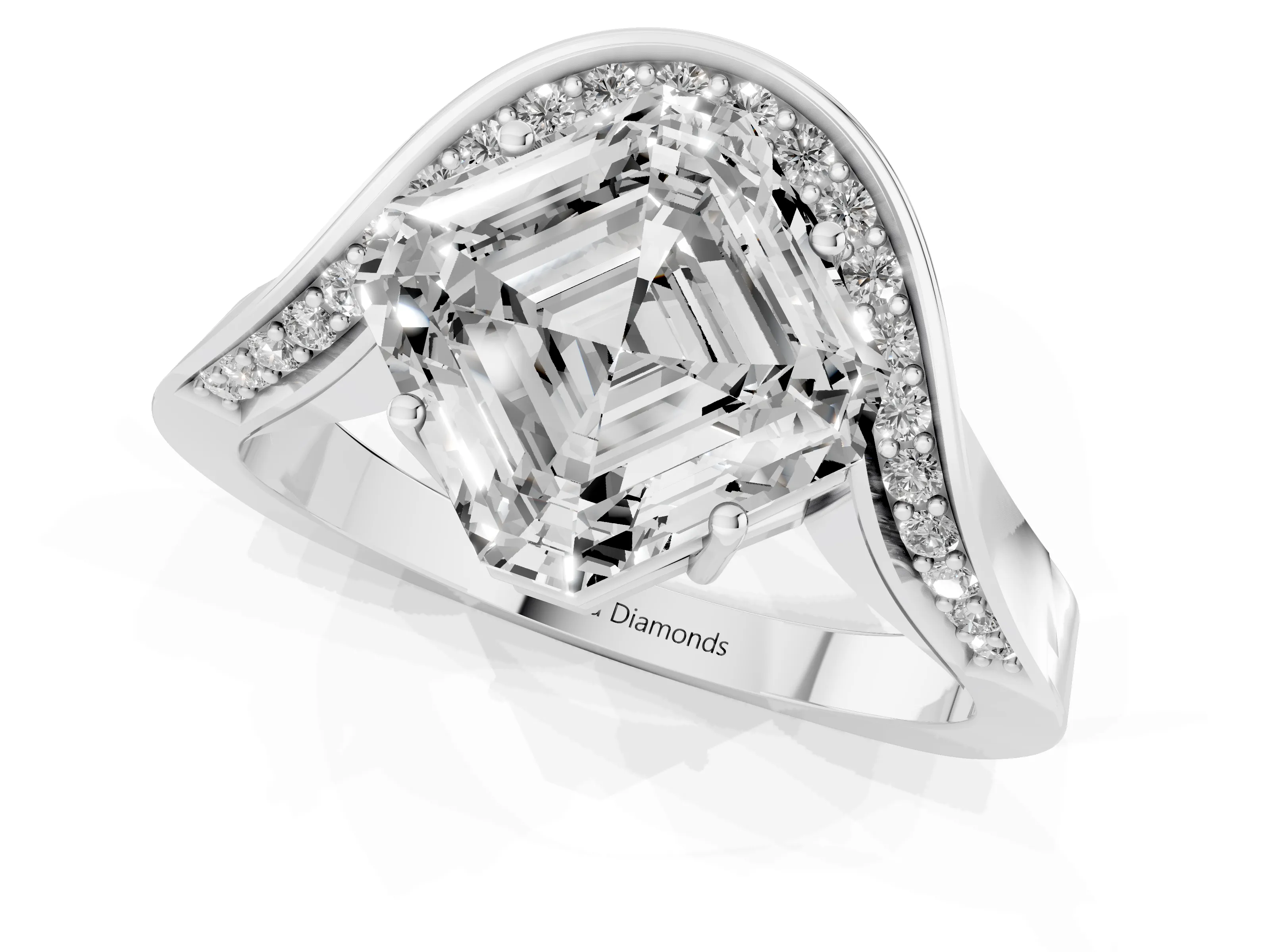 Asscher Cut Diamond Solitaire Engagement Ring Set in White gold with Pavé Shoulders – second view