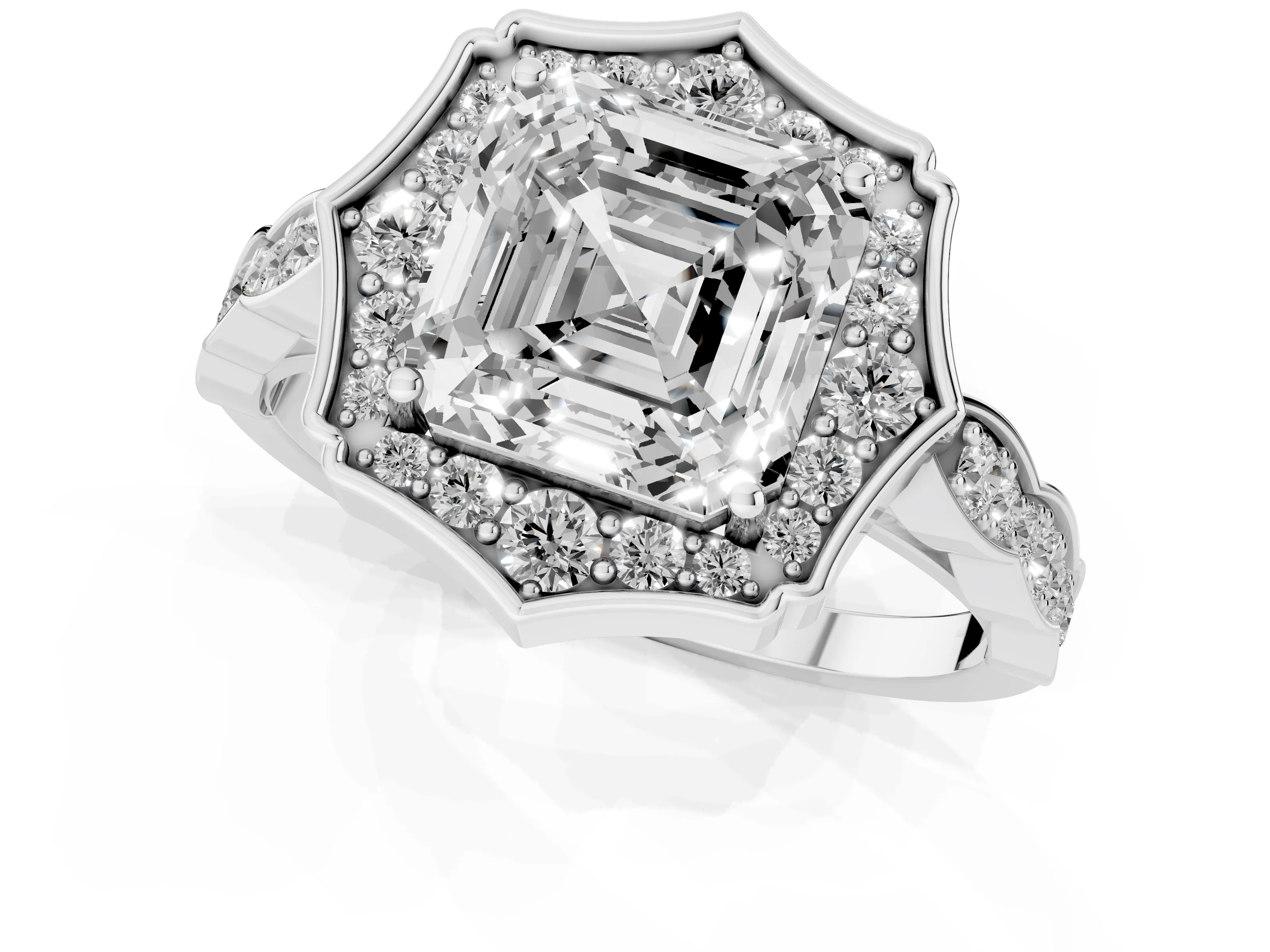 Asscher Cut Diamond Halo Engagement Ring Set in Platinum with Milgrain Band and Prong Setting