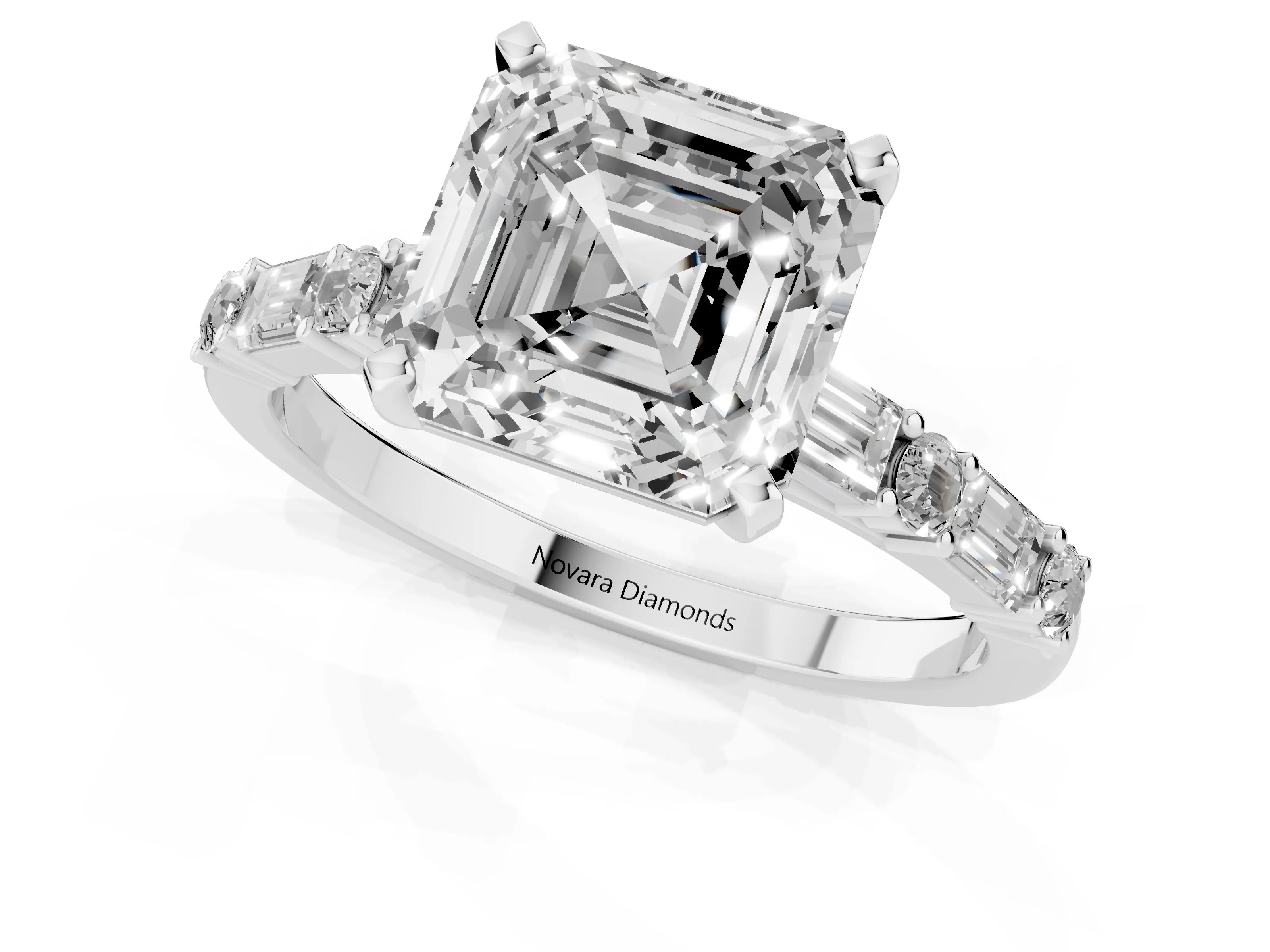 Asscher Cut Diamond Solitaire Set in Silver with Side Baguettes and Channel Set Band – second view