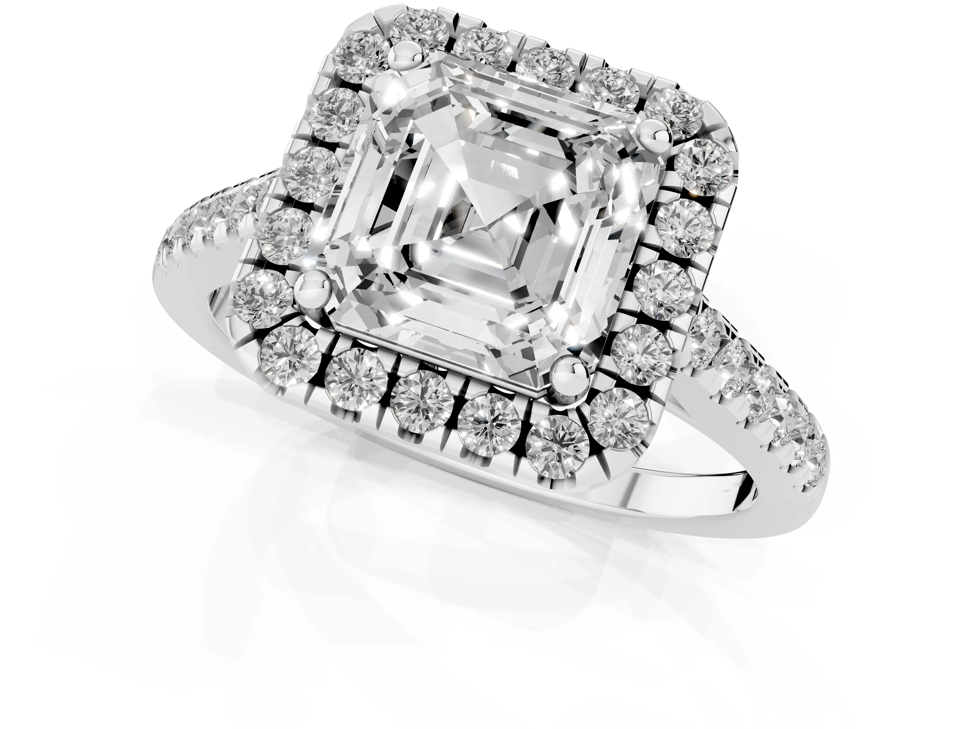 Asscher Cut Diamond Pavé Halo Engagement Ring Set in White gold with Pavé Band and Prong Setting
