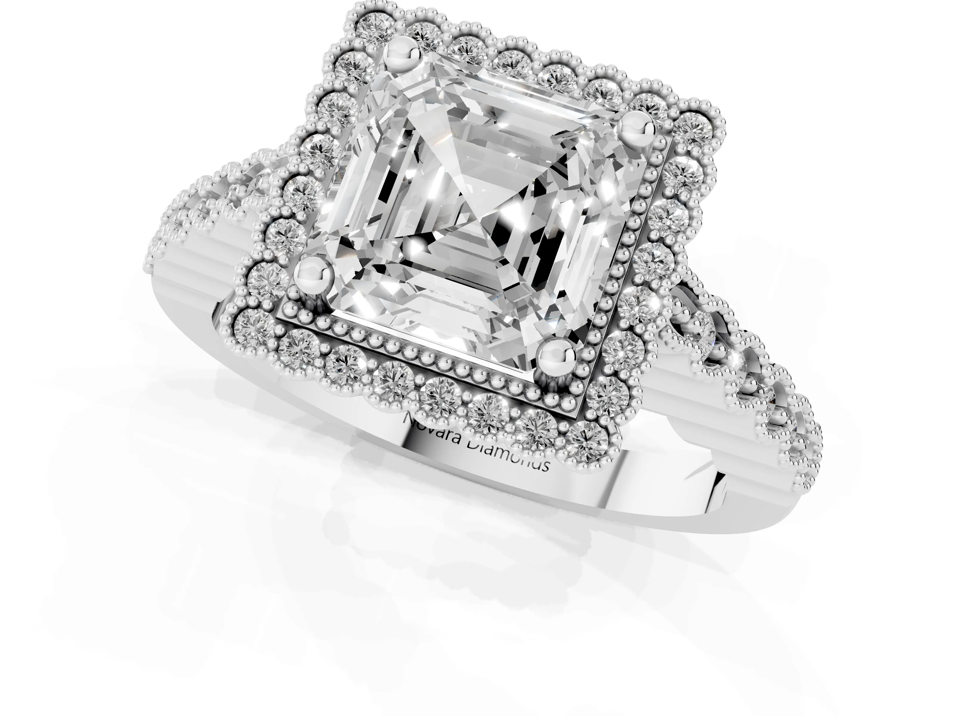 Asscher Cut Diamond Halo Ring Set in Platinum with Pavé Milgrain Band