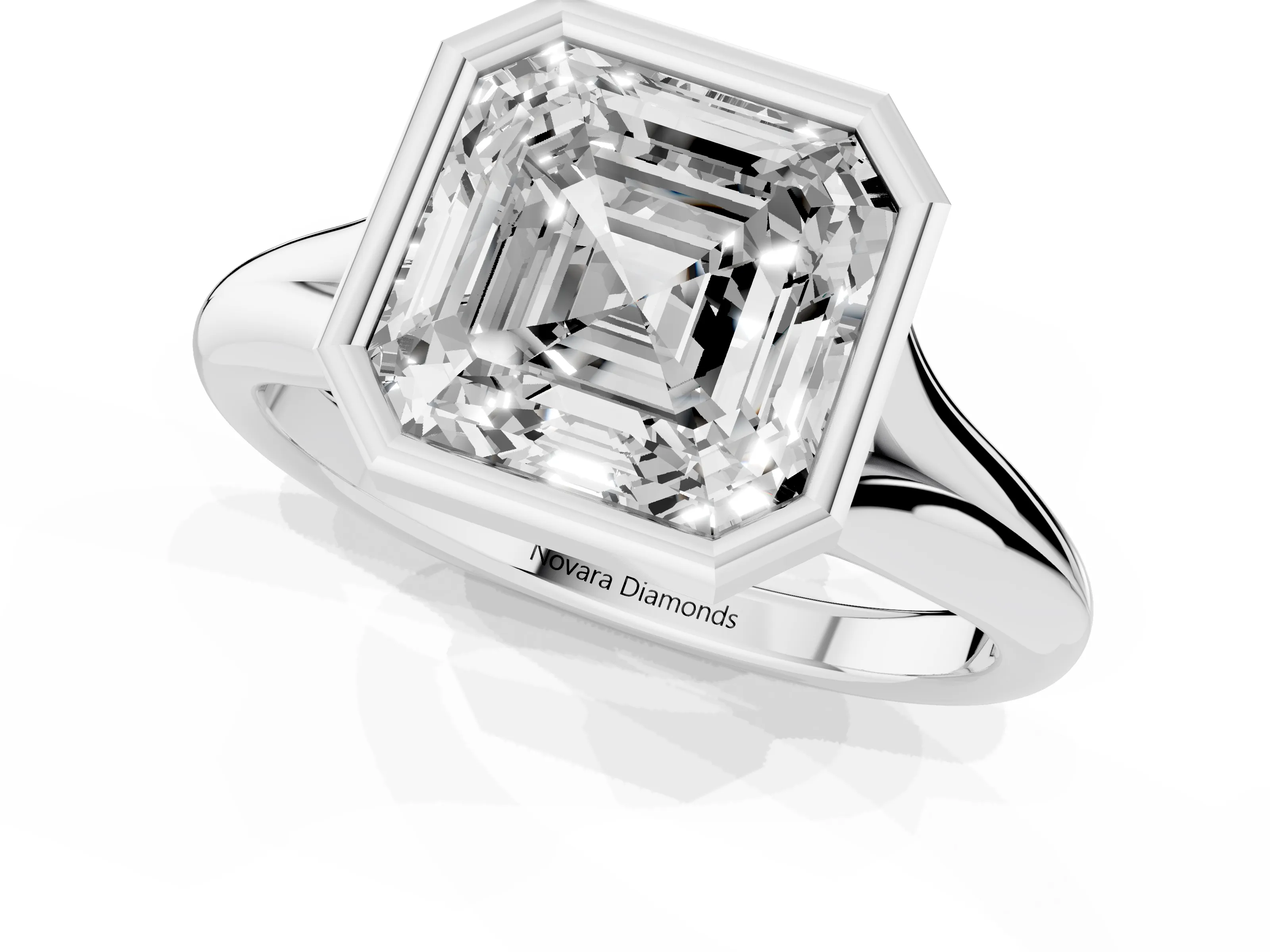 Bezel Set Asscher Cut Diamond Solitaire Ring Set in Platinum with Smooth Band