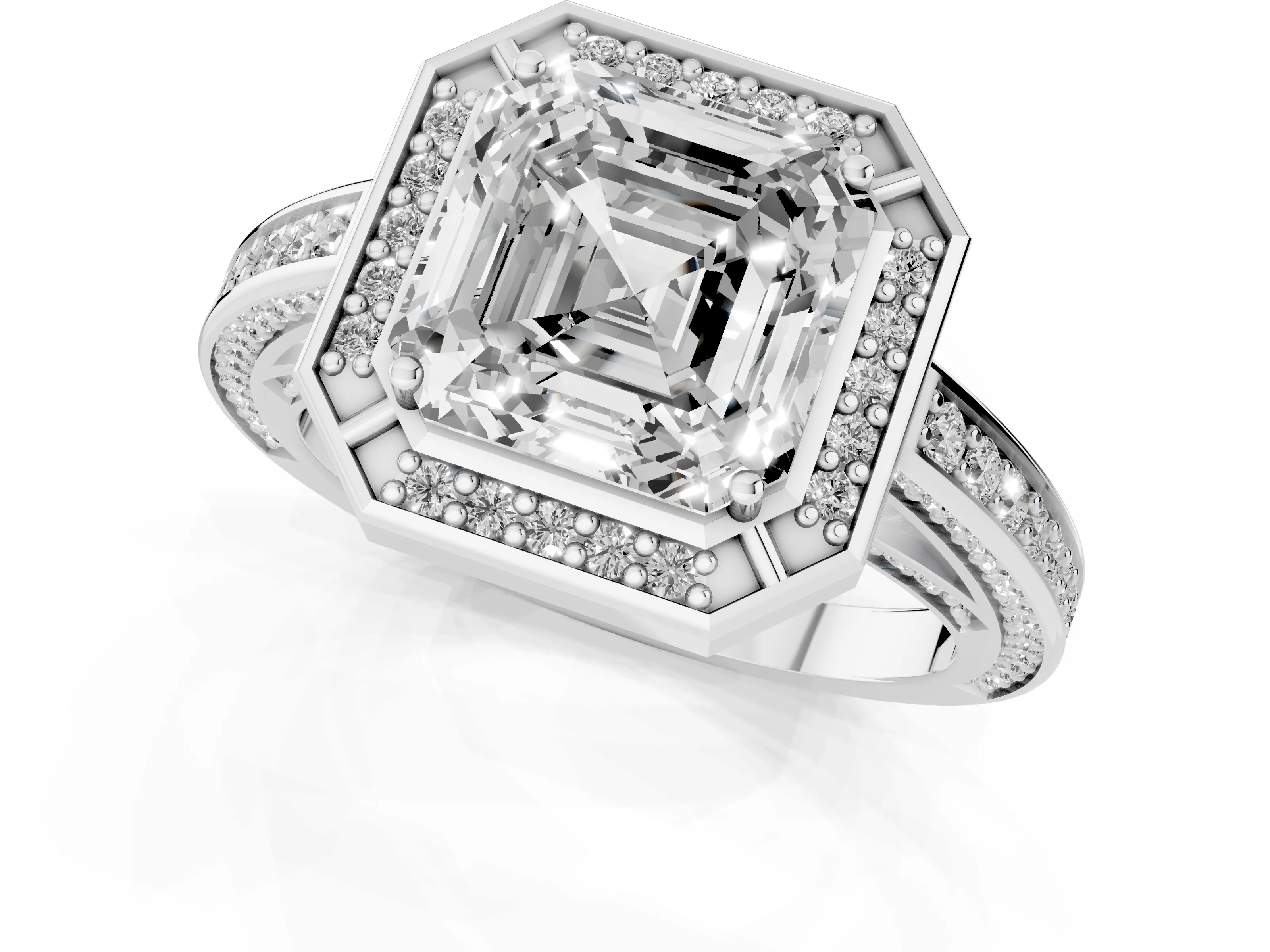 Asscher Cut Diamond Halo Pavé Split Shank Ring Set in White gold with Prong Setting