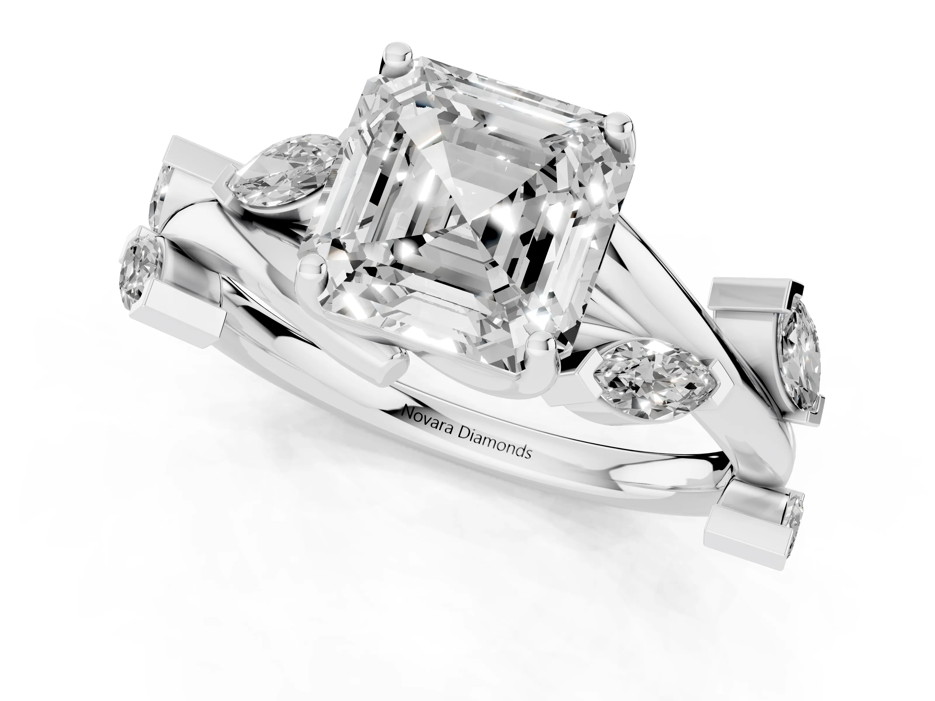 Asscher Cut Diamond Solitaire Ring Set in White gold with Twisted Marquise Accent Band