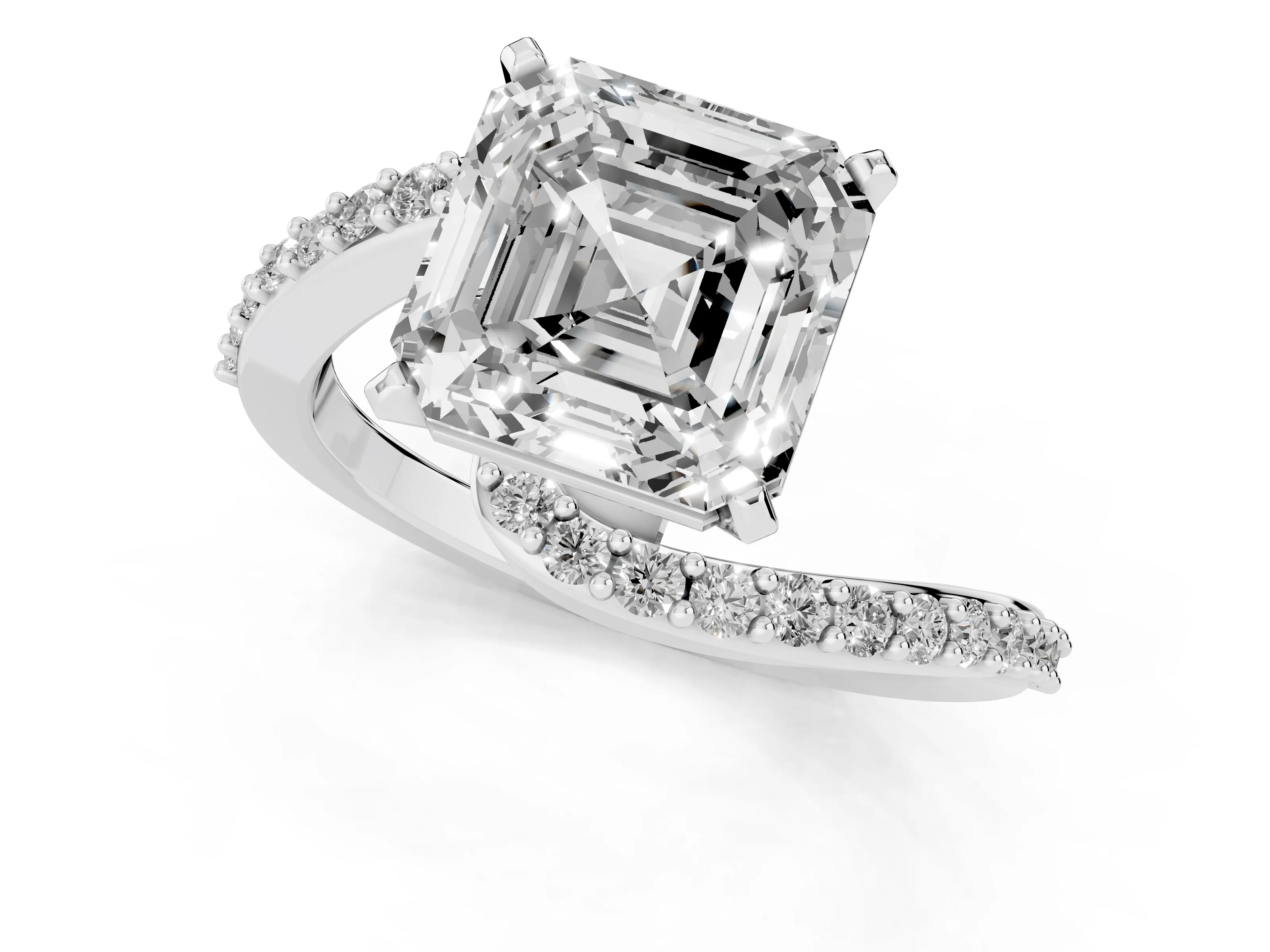 Asscher Cut Diamond Solitaire Ring Set in Platinum with Pavé Twist Band and Prong Setting