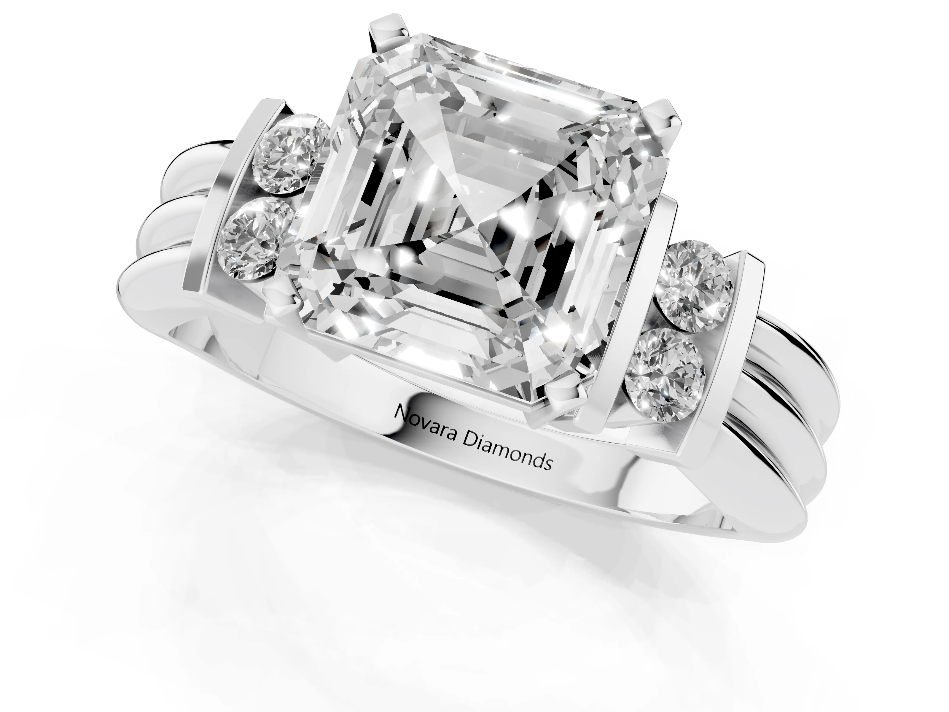 Three-Stone Asscher Cut Diamond Channel Set Ring Set in Silver with Bar Prongs