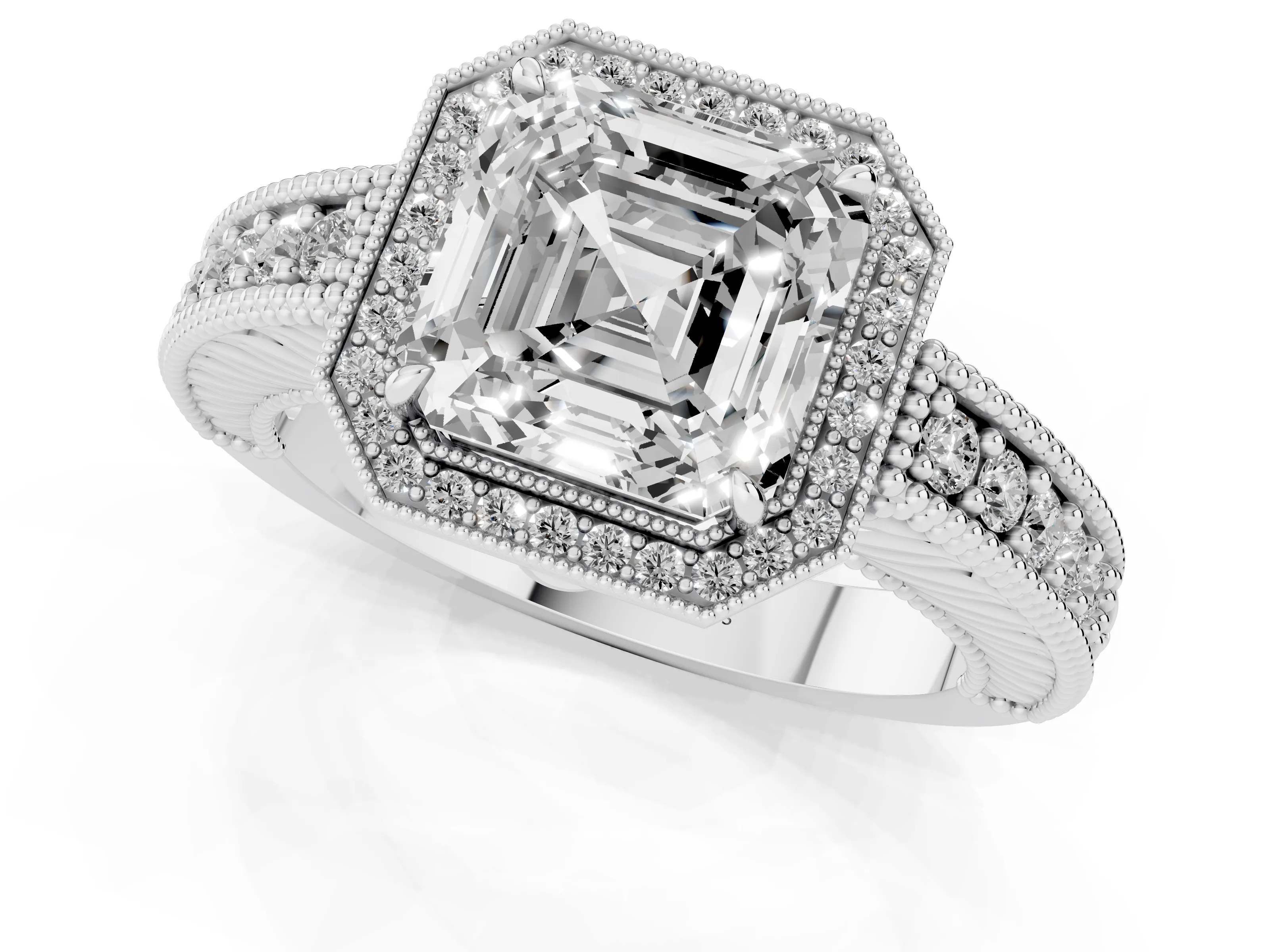 Asscher Cut Diamond Halo Ring Set in White gold with Round Accent Halo, Pavé Band and Prong Setting – second view