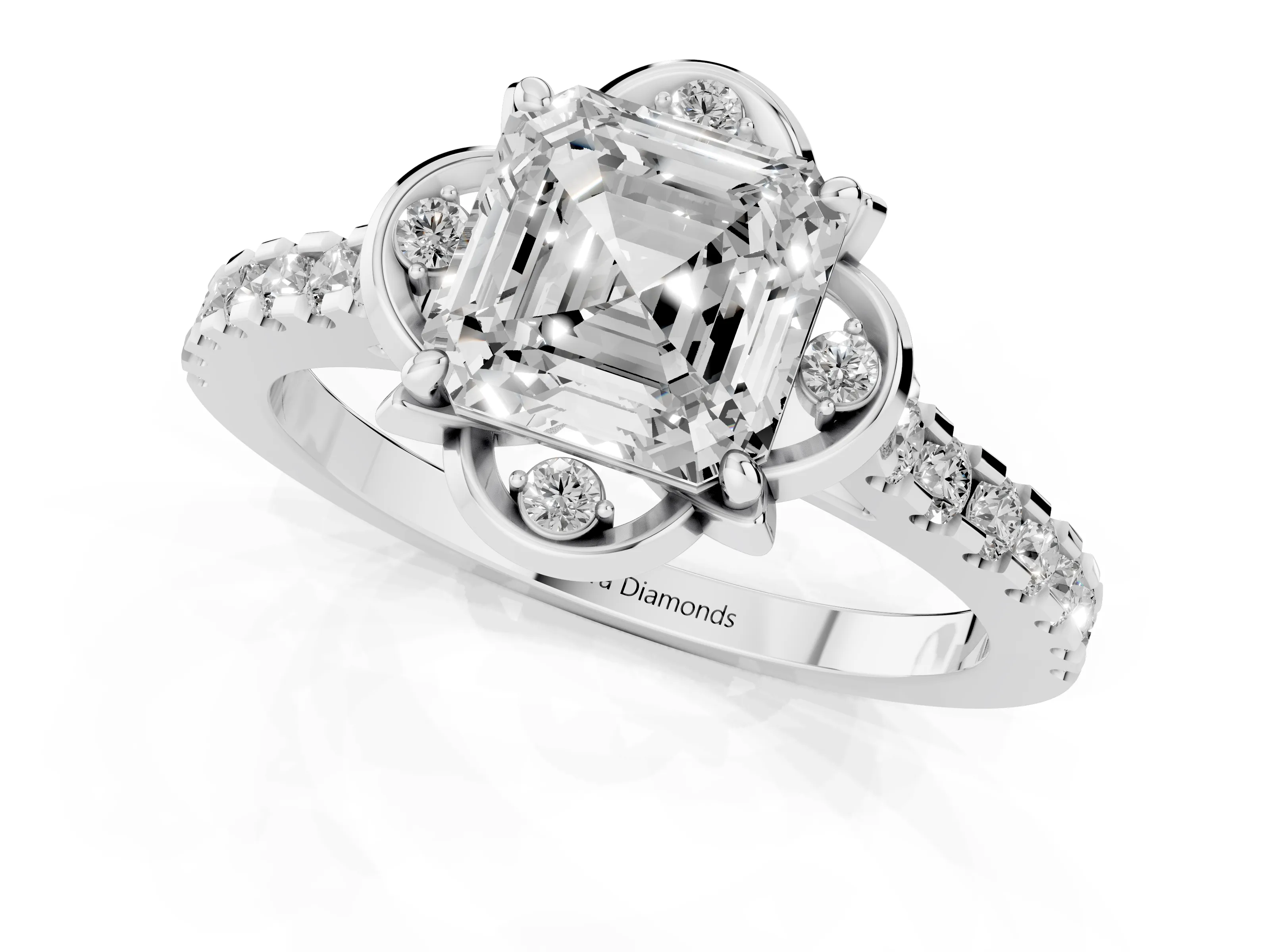 Asscher Cut Diamond Solitaire Ring Set in Platinum with Pavé Band and Floral Prong Setting – second view