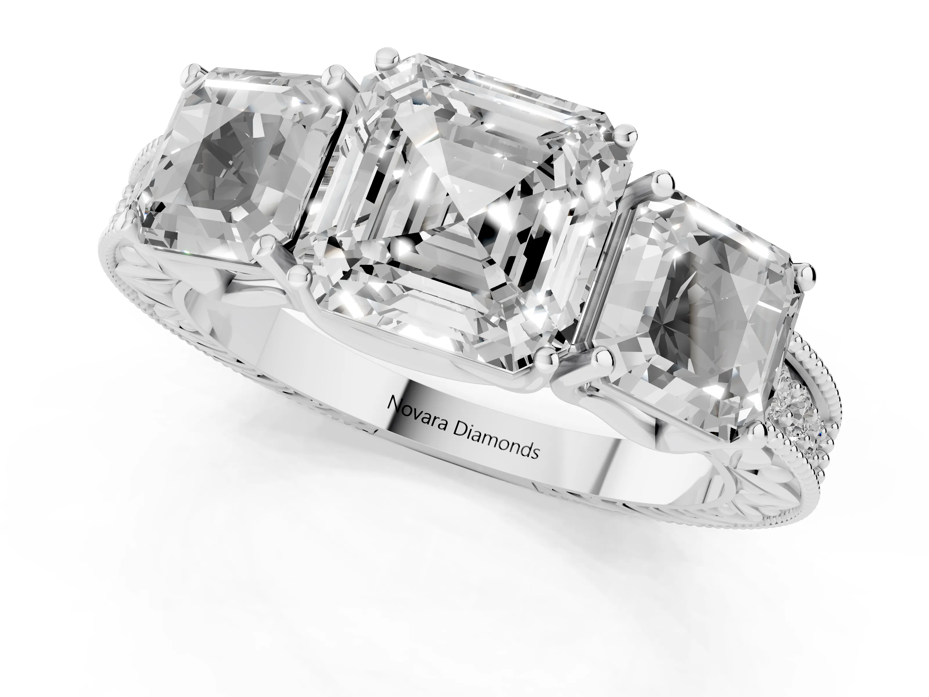 Asscher Cut Diamond Three-Stone Engagement Ring Set in Silver with Milgrain Pavé Band