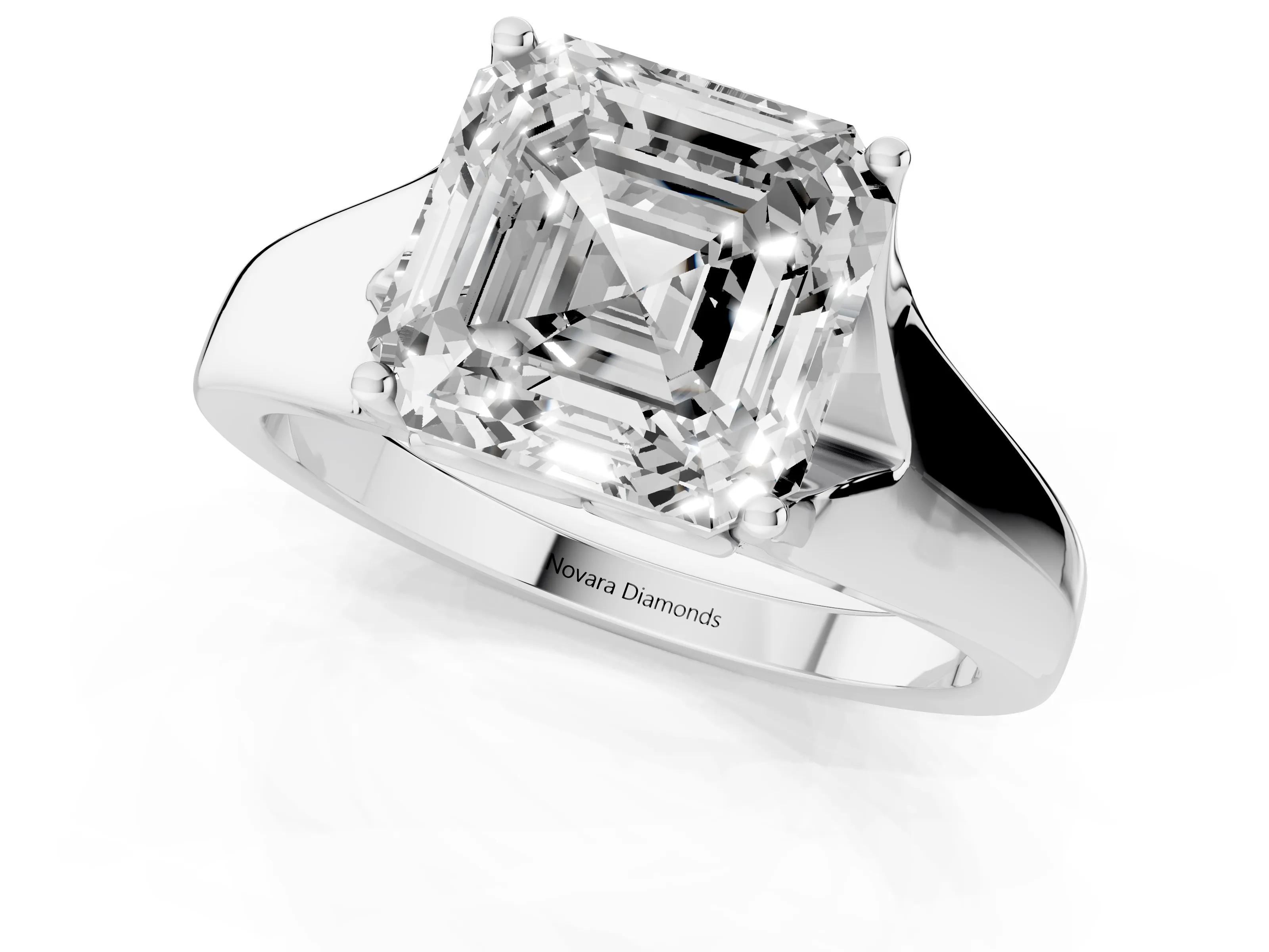 Asscher Cut Diamond Solitaire Ring Set in Platinum with Arched Cathedral Band and Prong Setting