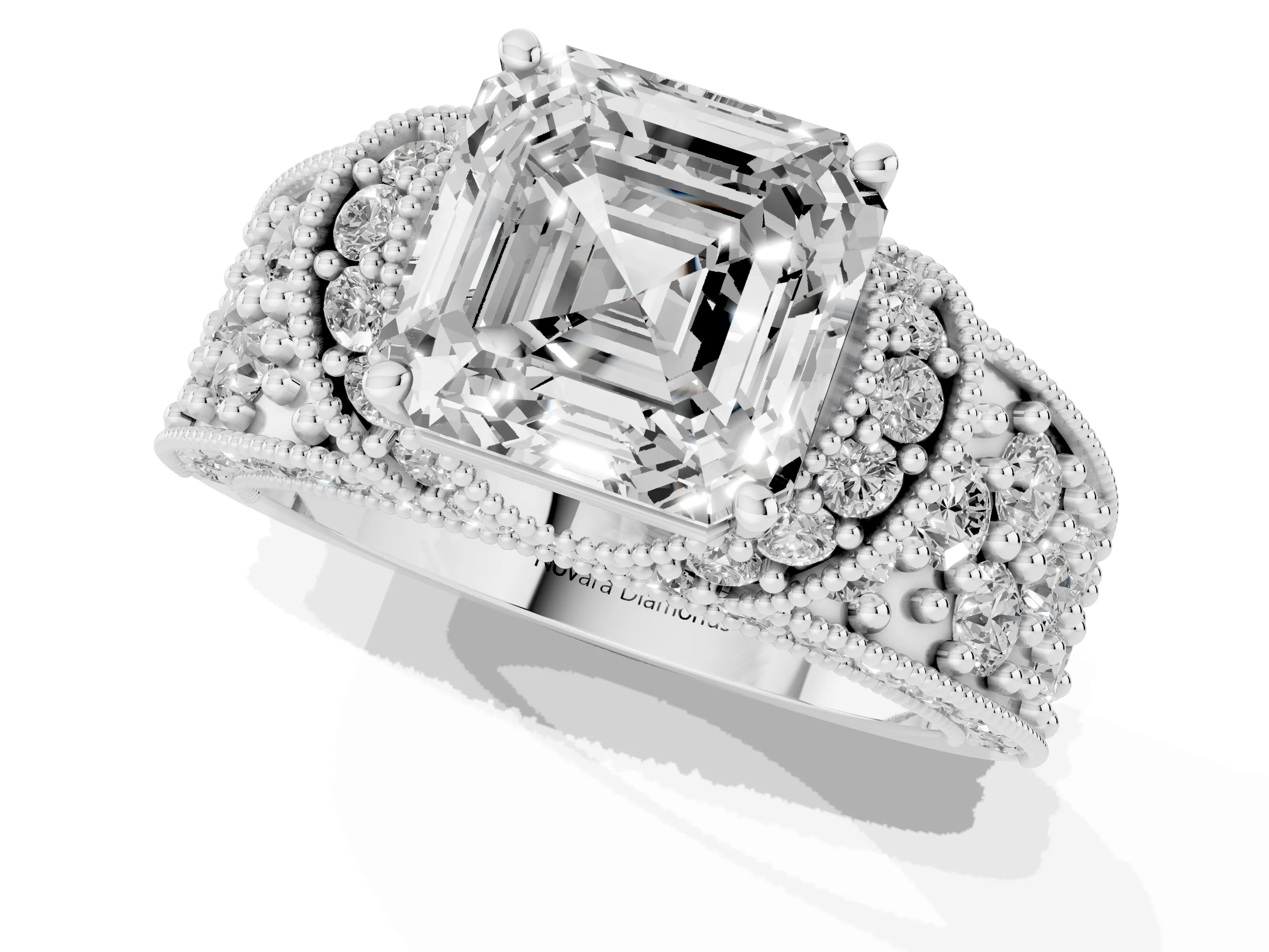 Asscher Cut Diamond Milgrain Halo Pavé Engagement Ring Set in Silver with Prong Setting