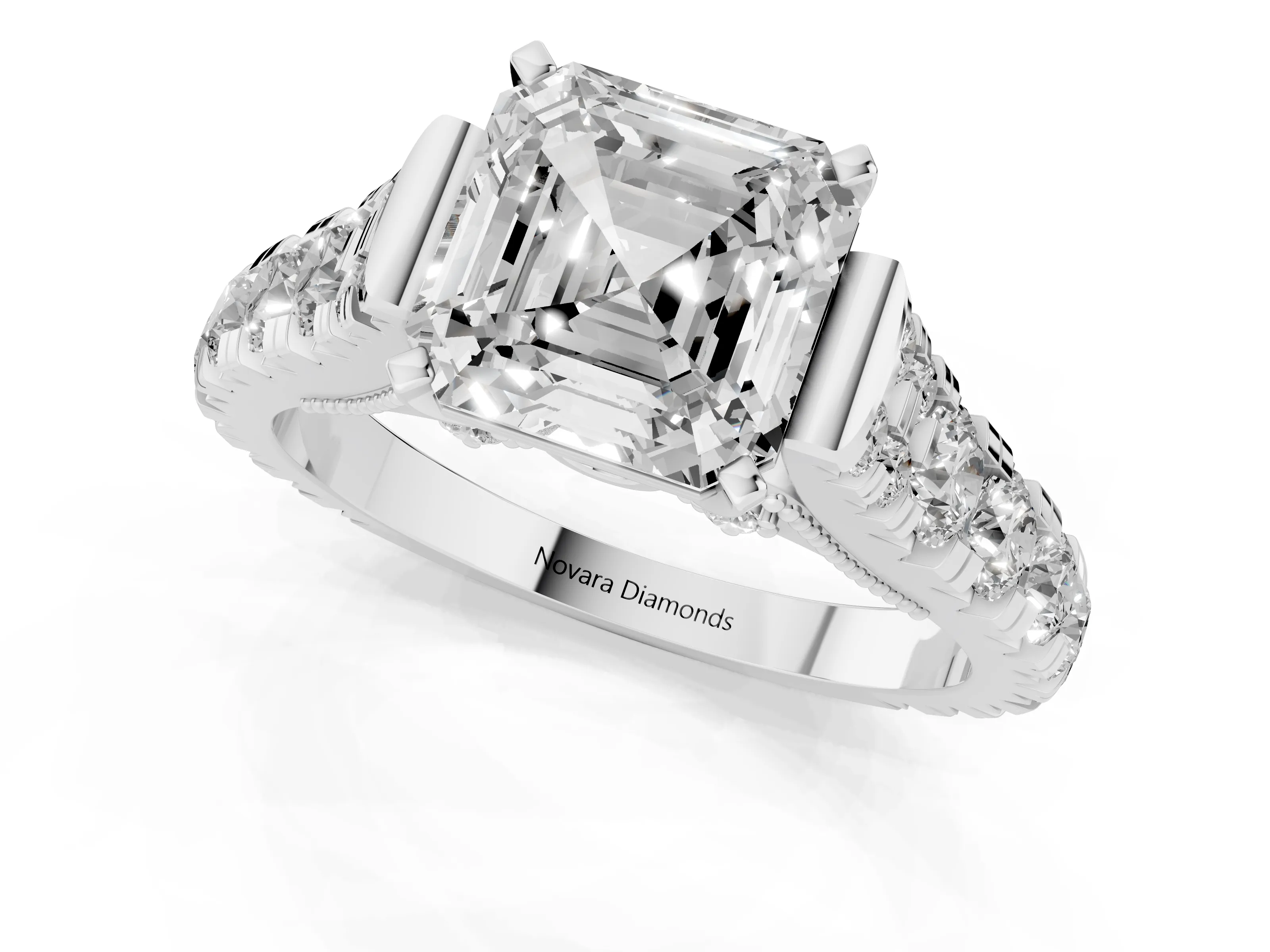 Asscher Cut Diamond Classic Solitaire Ring Set in Platinum with Pavé Band and Prong Setting