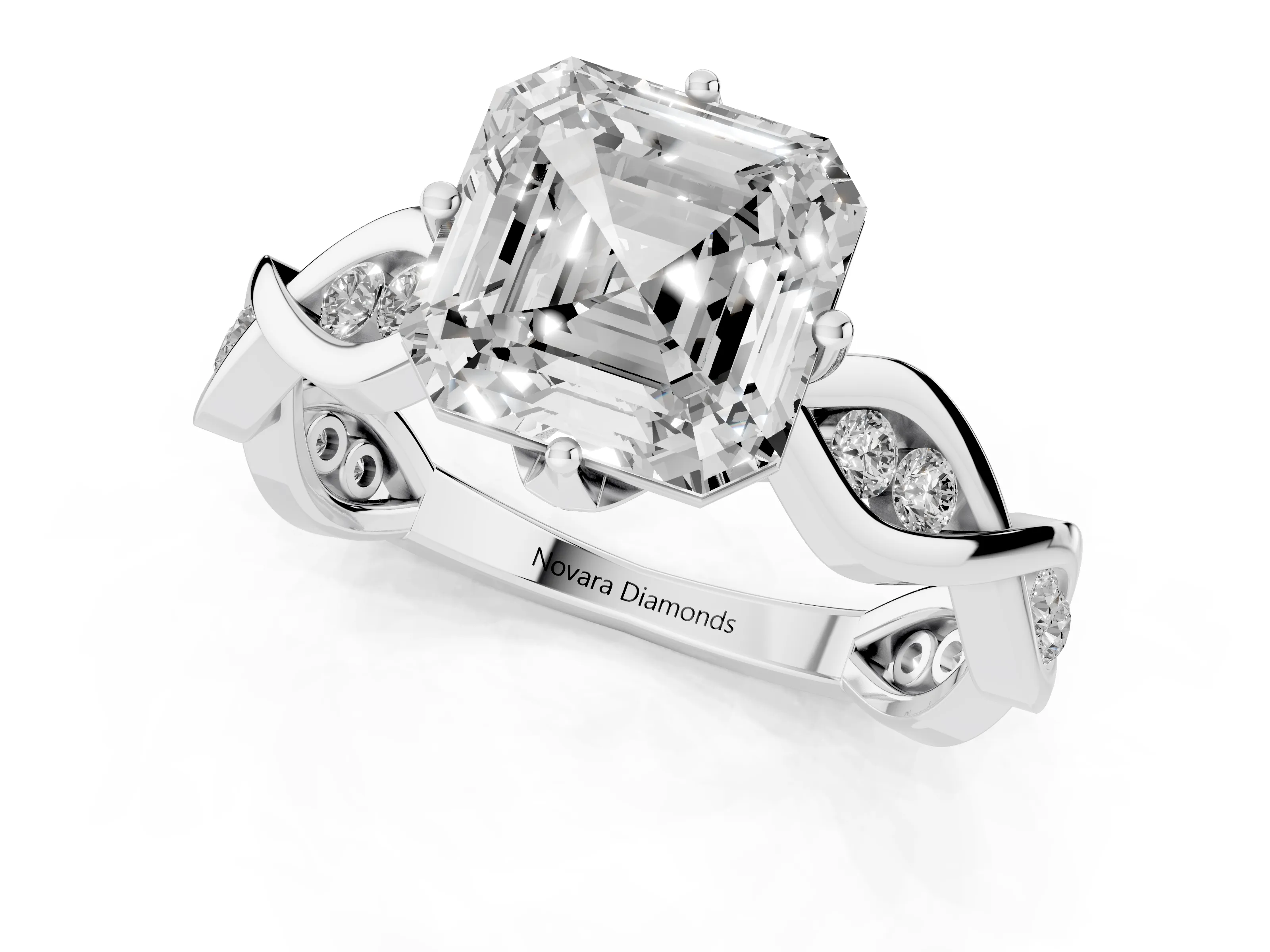 Asscher Cut Diamond Twist Band Solitaire Ring Set in White gold with Leaf Prong Setting and Accent Stones