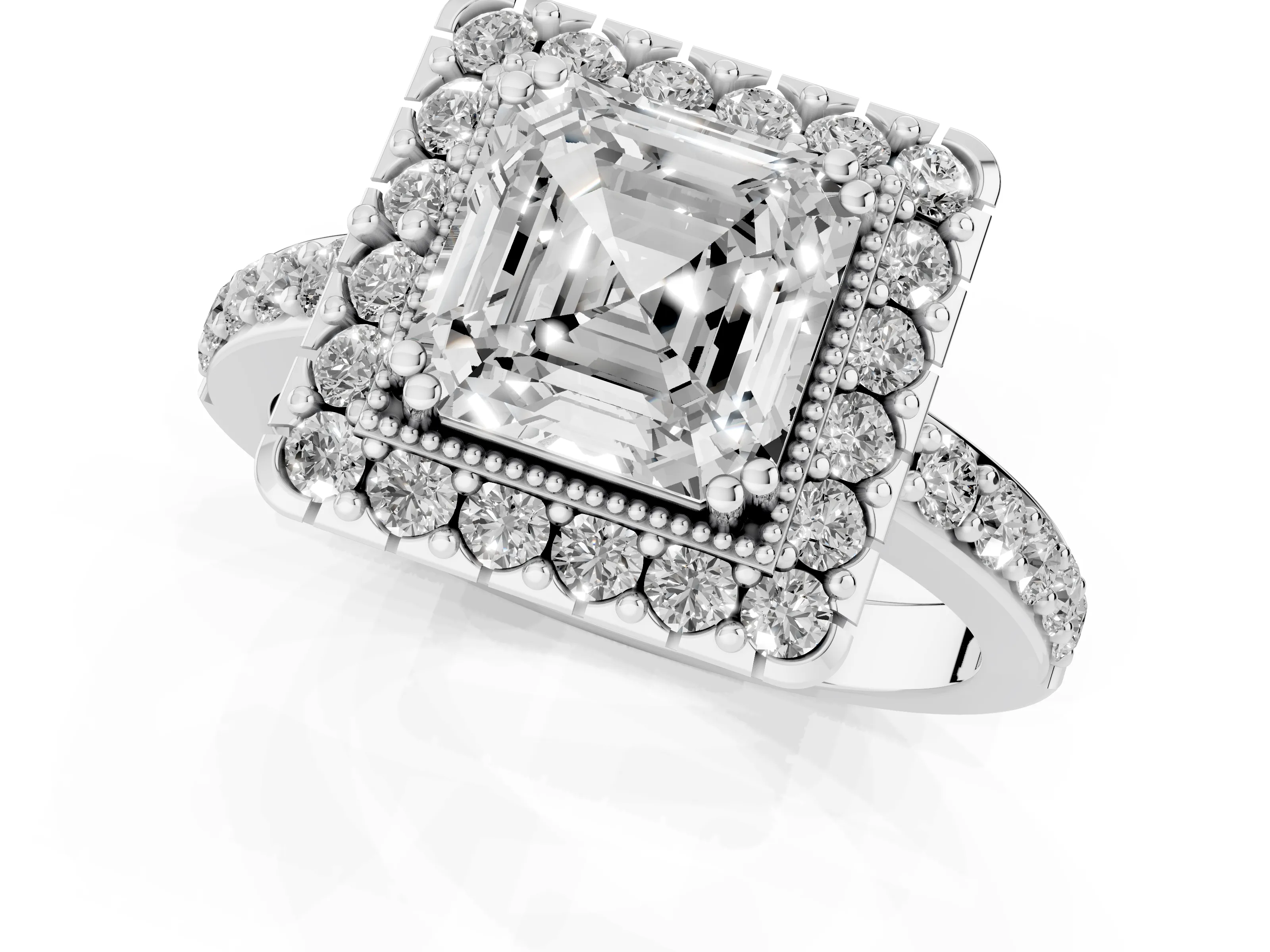 Asscher Cut Diamond Halo Ring Set in White gold with Pavé Shank and Prong Setting