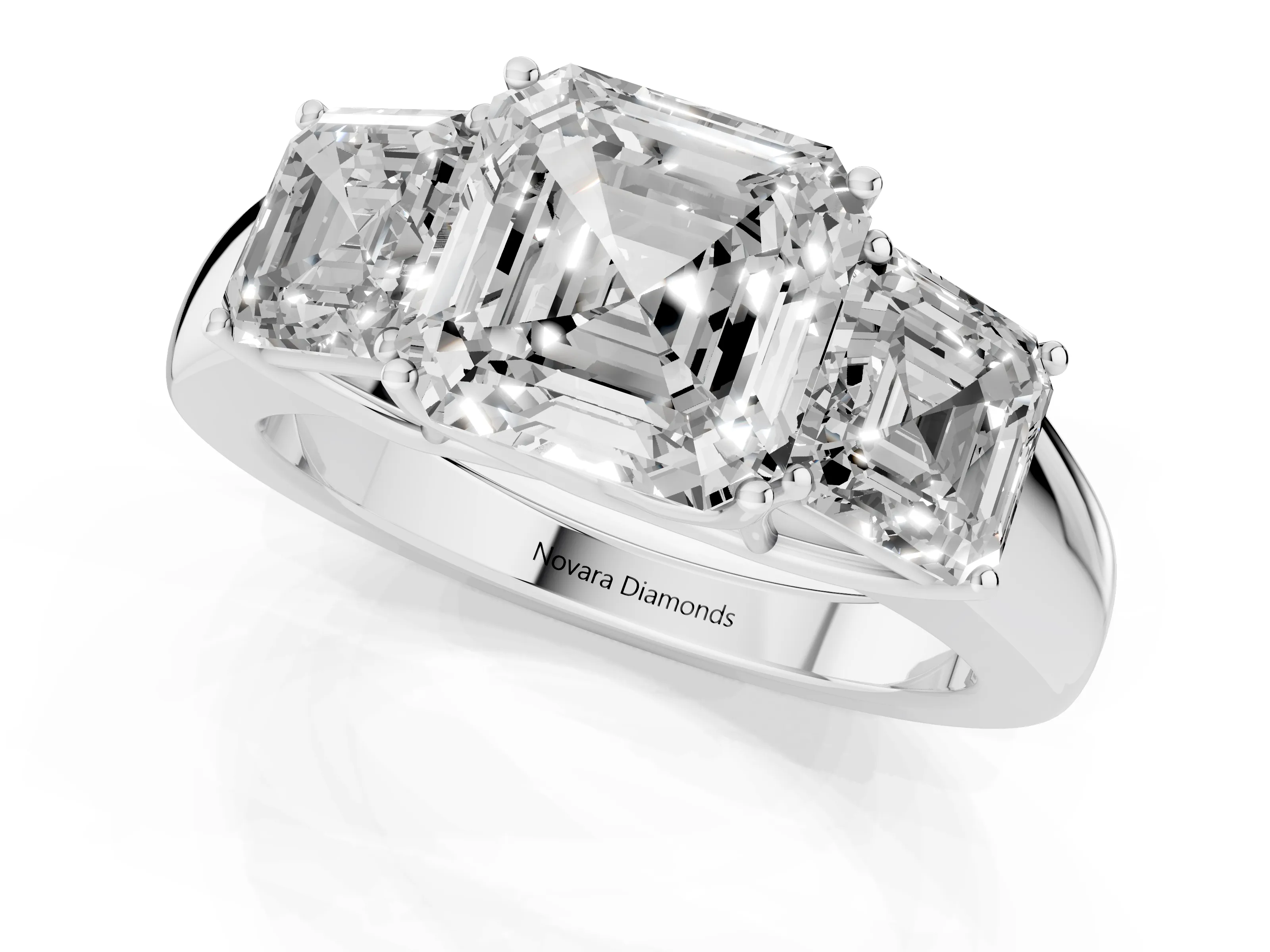 Three-Stone Asscher Cut Diamond Ring Set in White gold with Matching Prong Settings and Plain Band – second view