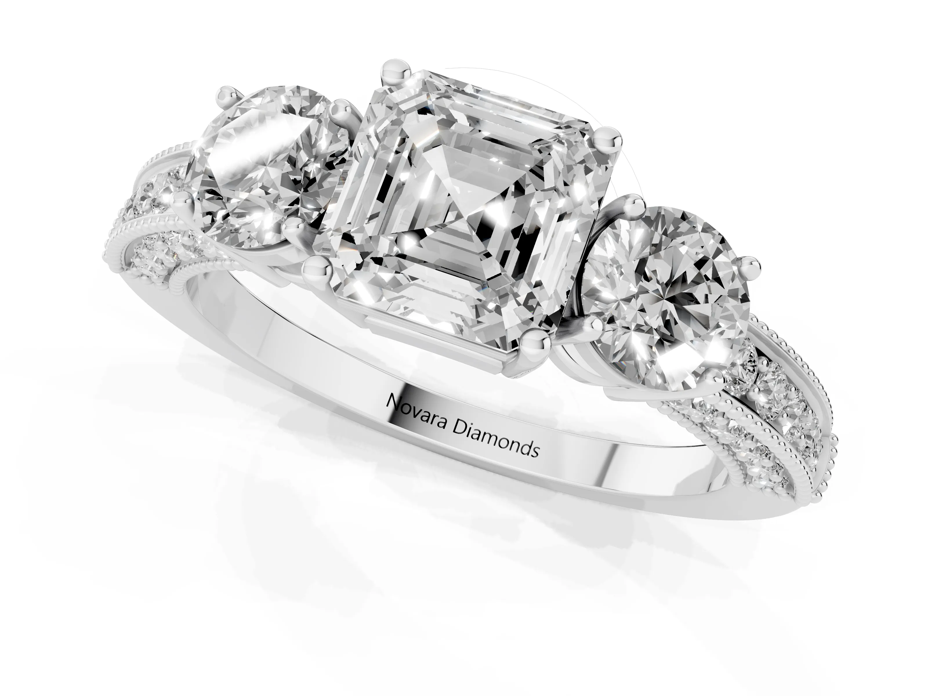 Asscher Cut Diamond Three-Stone Ring Set in Platinum with Round Side Stones and Pavé Band