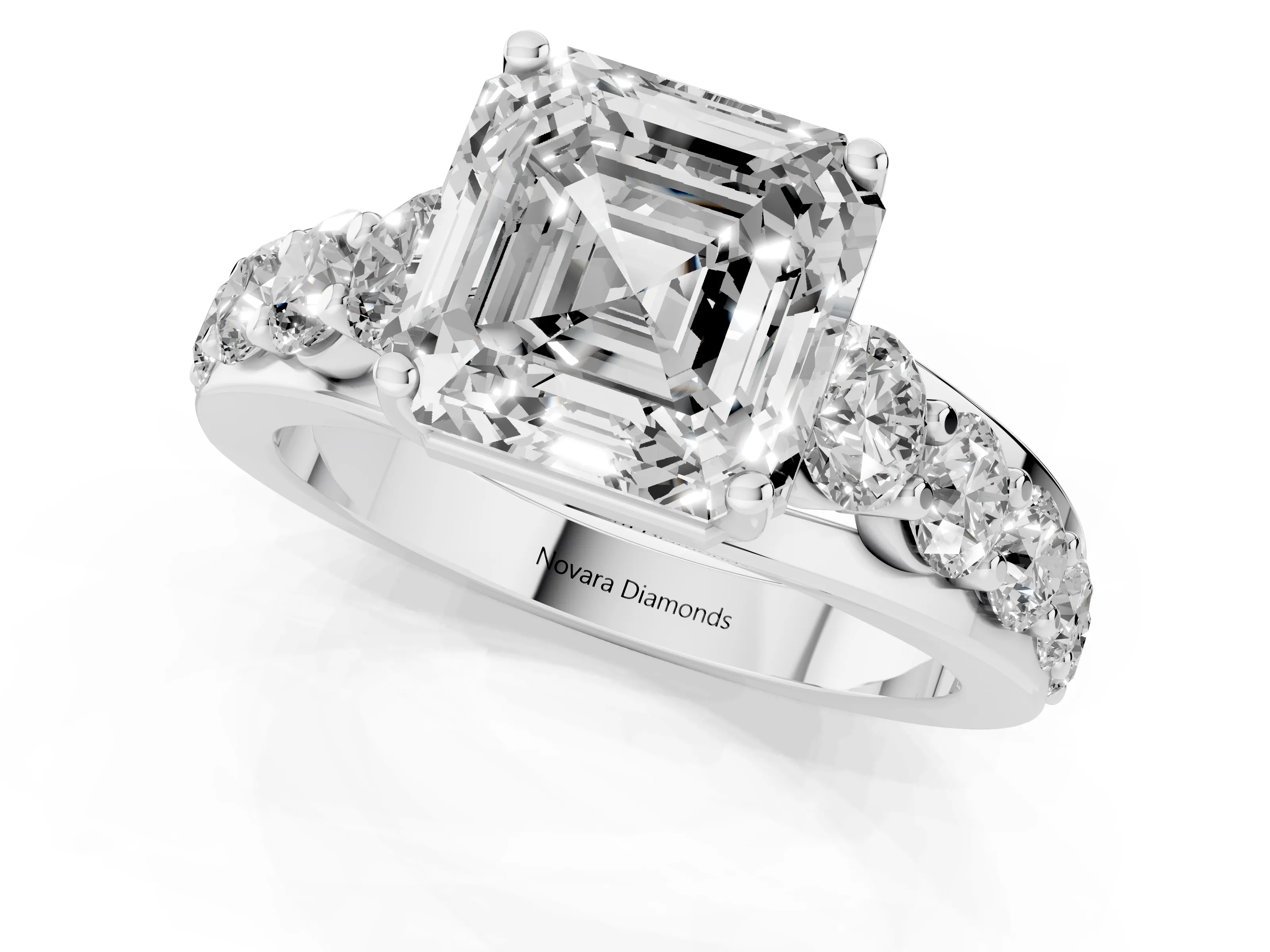 Asscher Cut Diamond Pavé Engagement Ring Set in Silver with Prong Setting