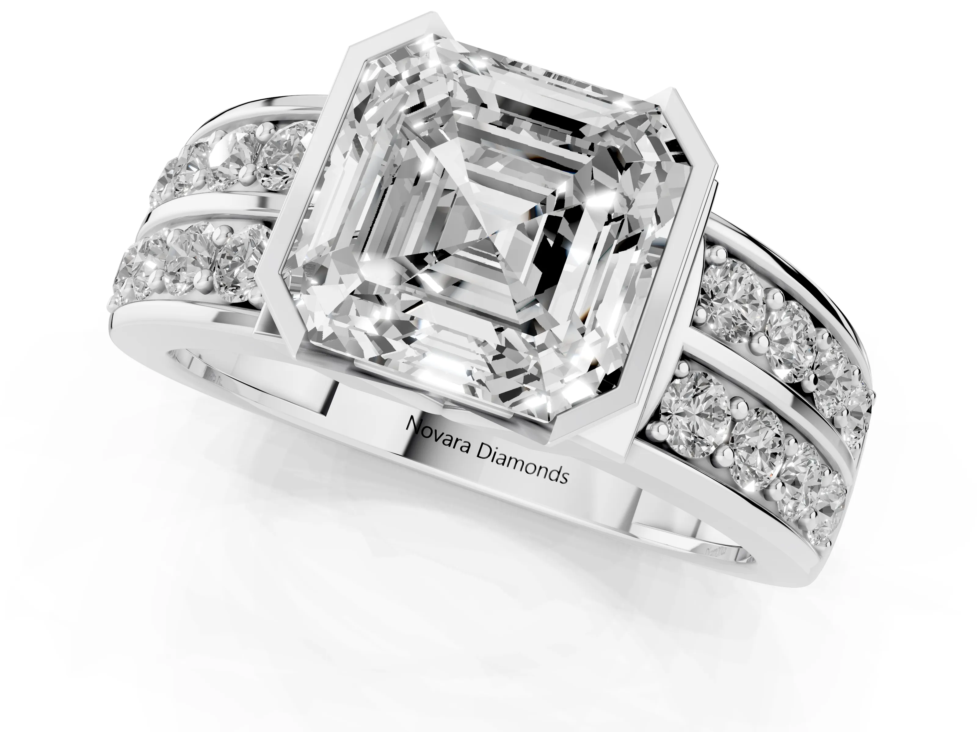 Asscher Cut Diamond Wide Channel Set Band Ring Set in Silver with Bezel Setting