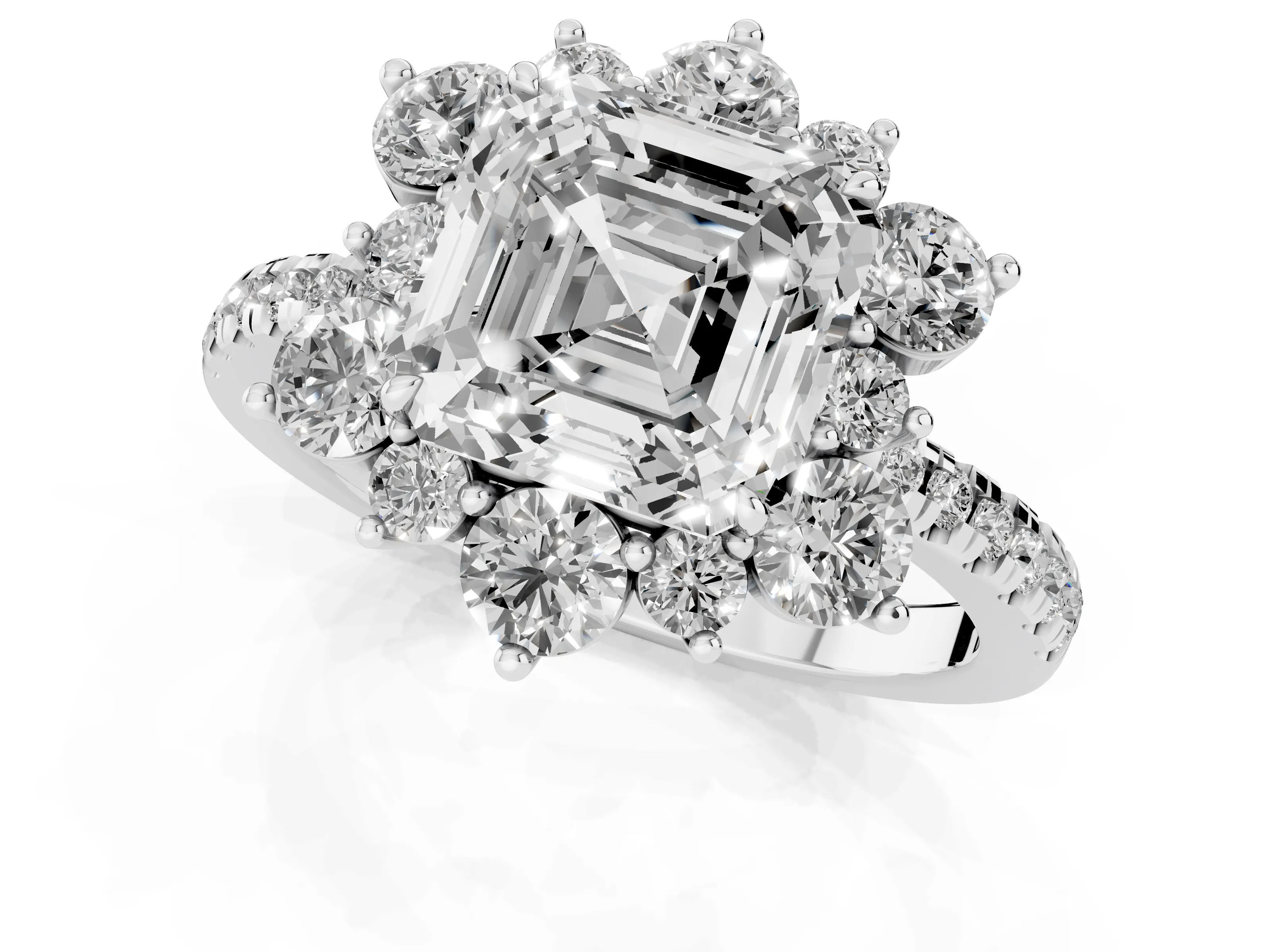 Asscher Cut Diamond Floral Halo Ring Set in Platinum with Round Pavé Band and Prong Setting