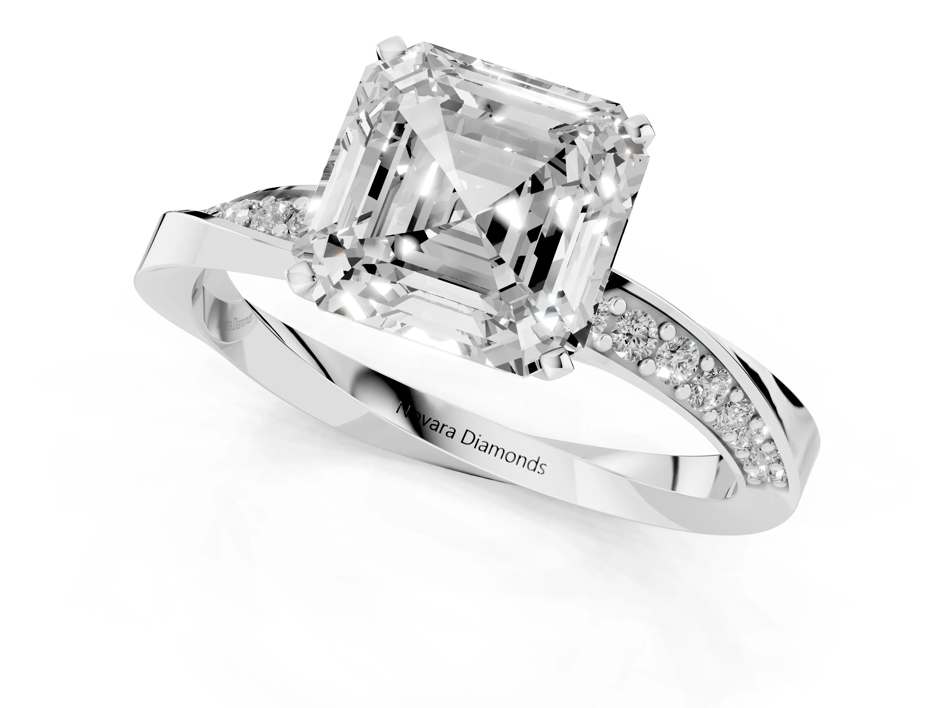 Asscher Cut Diamond Engagement Ring Set in Platinum with Side Stone Accents and Prong Setting – second view