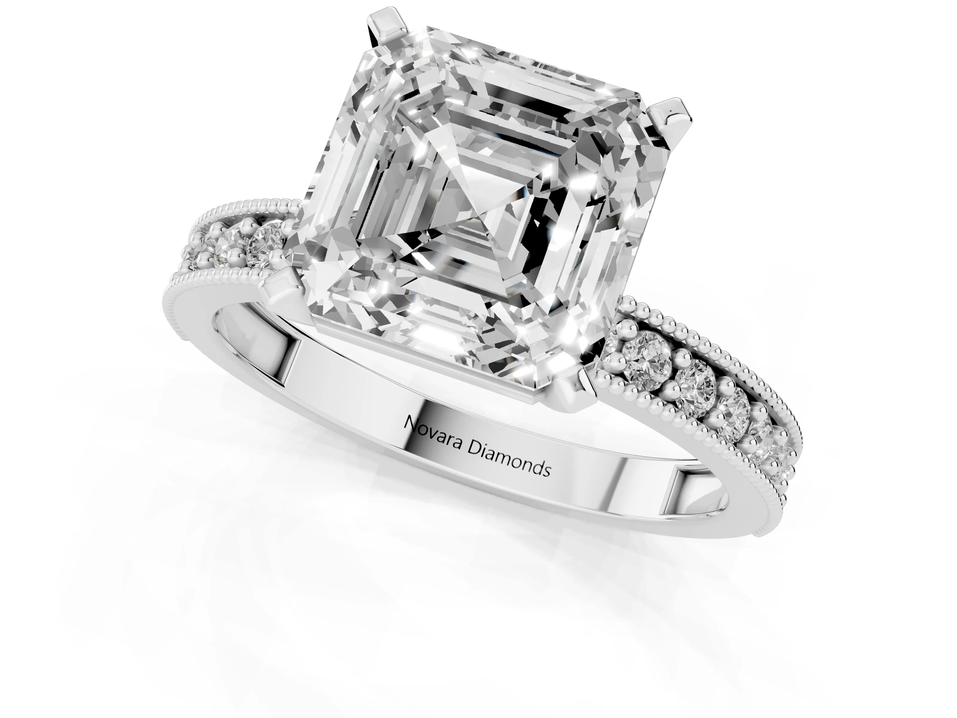 Asscher Cut Diamond Milgrain Pavé Engagement Ring Set in Silver with Prong Setting