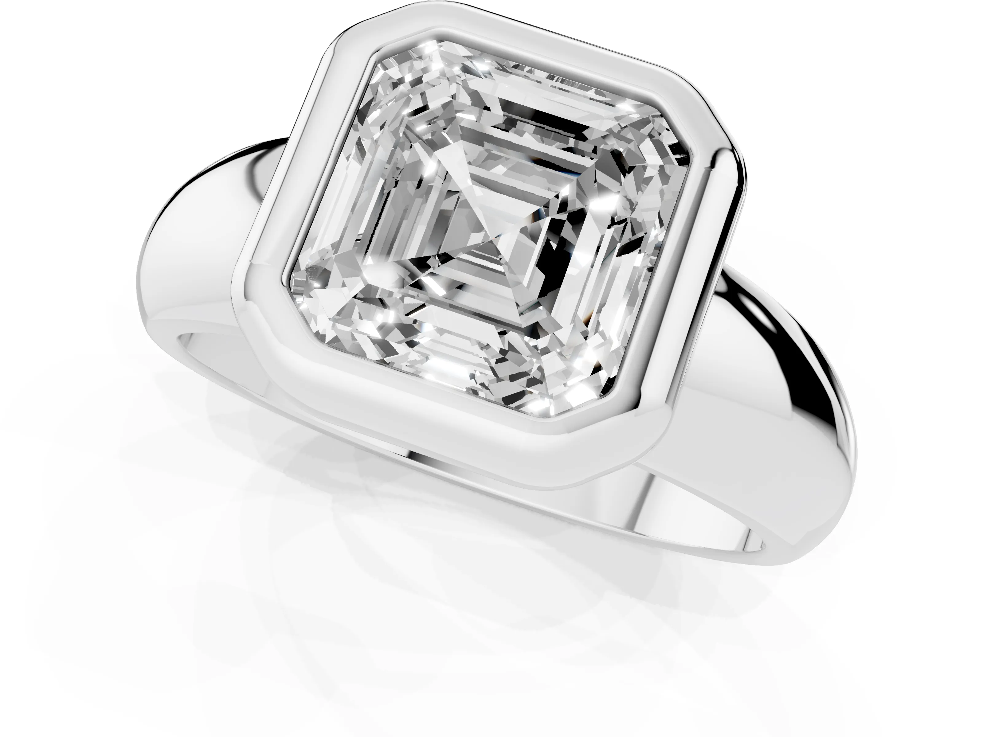 Bezel Set Asscher Cut Diamond Solitaire Ring Set in Silver with Wide Band