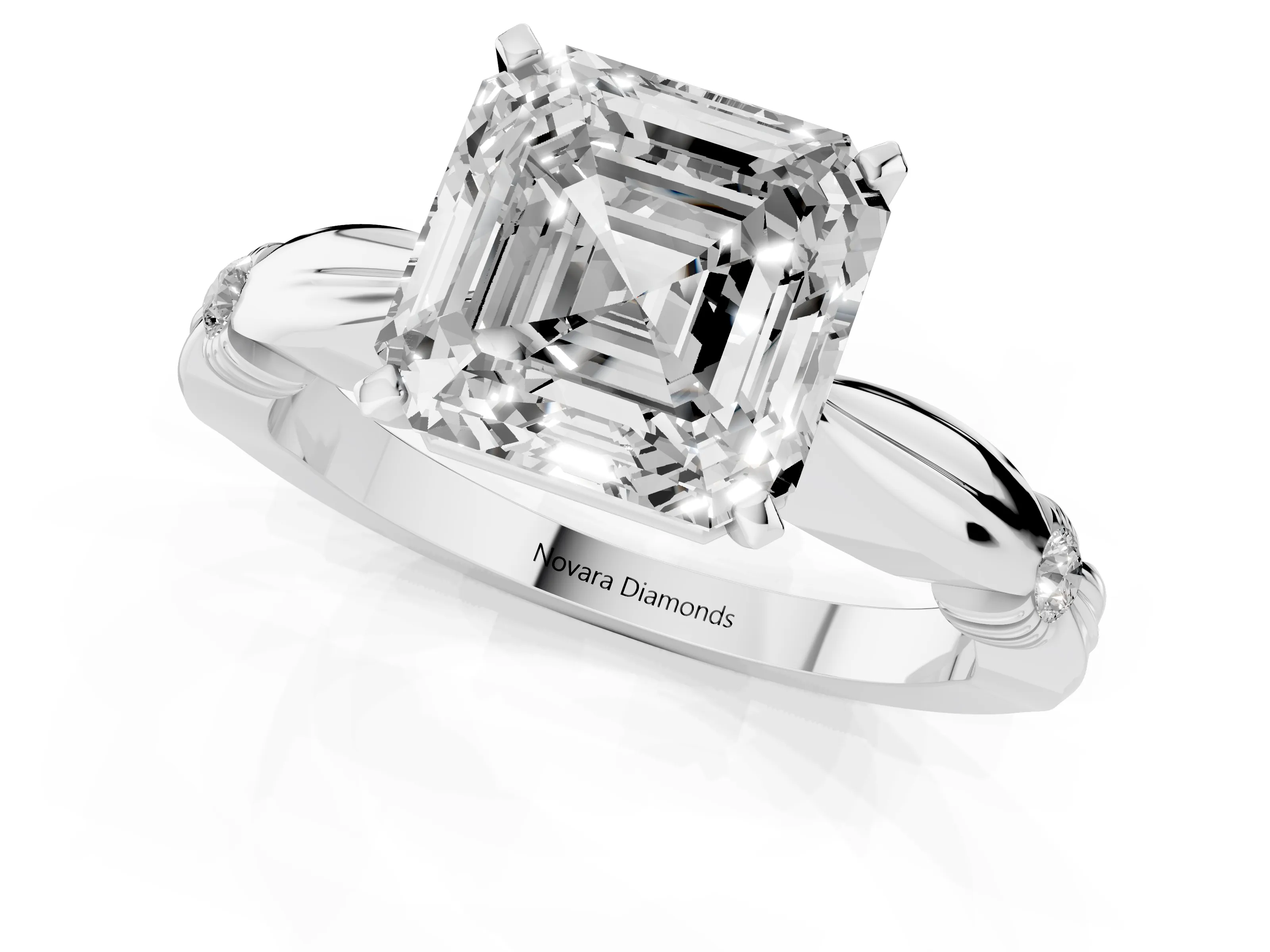 Asscher Cut Diamond Solitaire Twisted Band Ring Set in Platinum with Accent Stones and Prong Setting