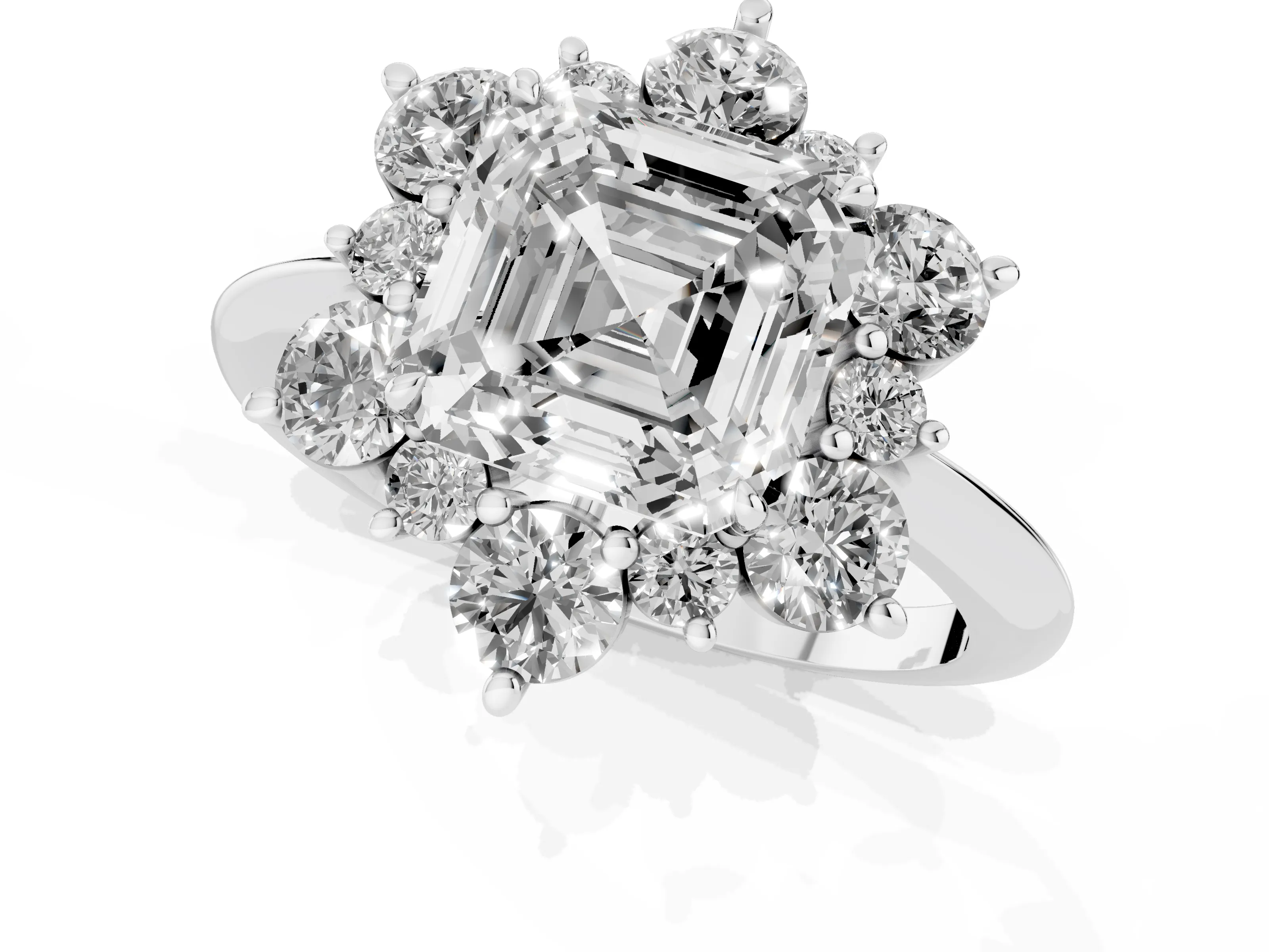 Asscher Cut Diamond Cluster Halo Ring Set in White gold with Solitaire Band and Prong Setting