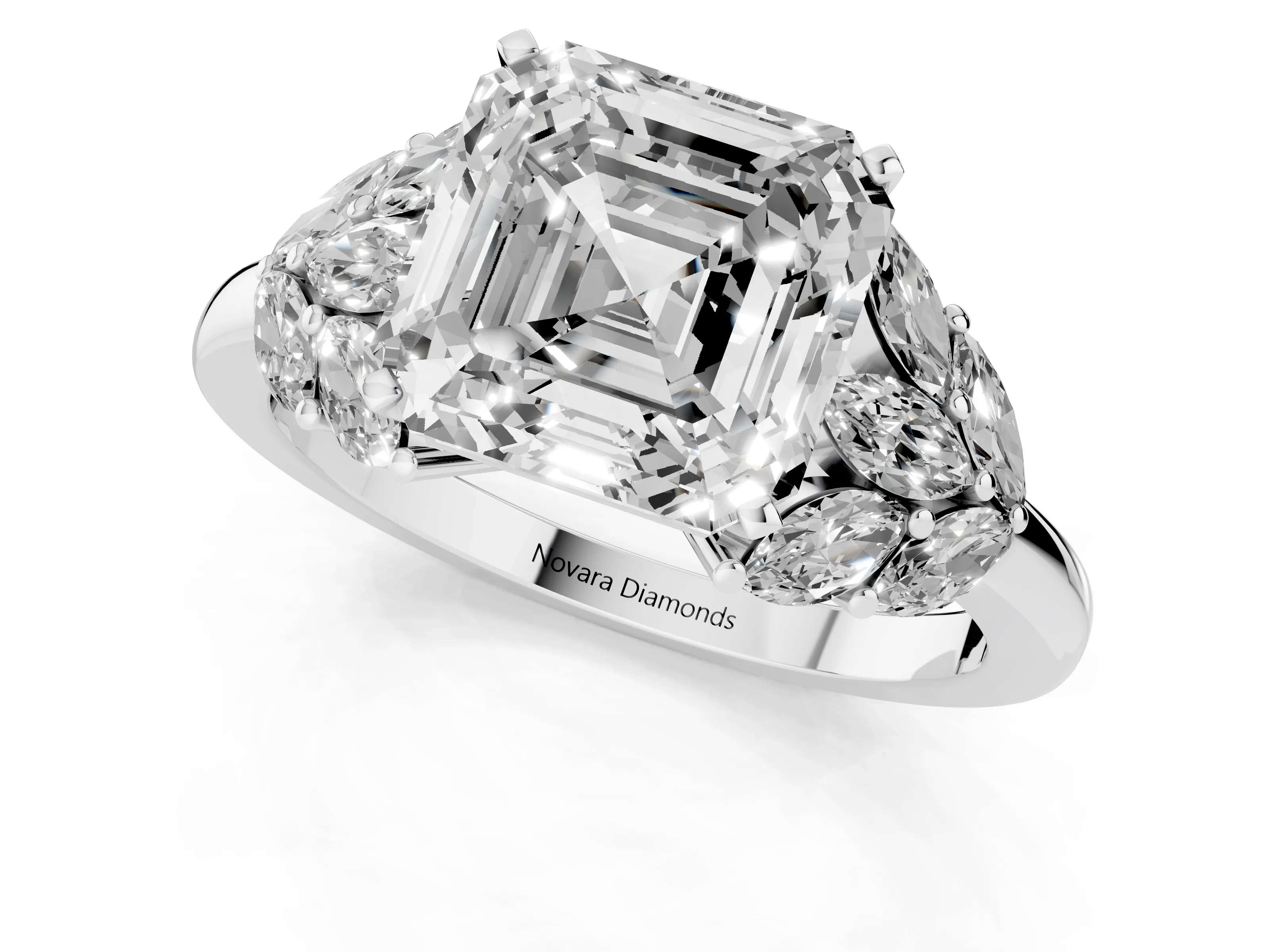 Asscher Cut Diamond Cluster Leaf Design Ring Set in Platinum with Prong Setting