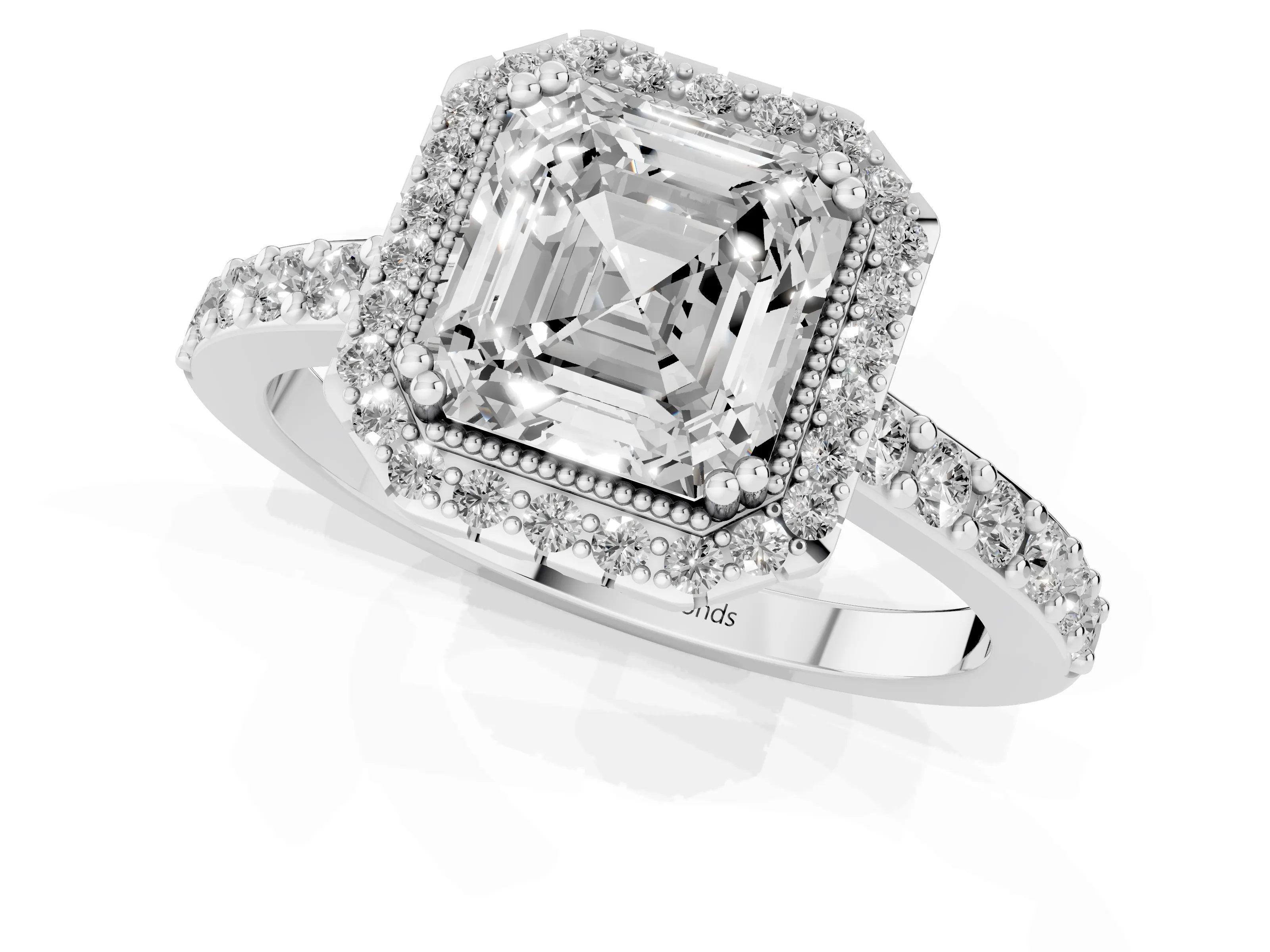 Asscher Cut Diamond Halo Engagement Ring Set in Silver with Milgrain Detail and Pavé Band