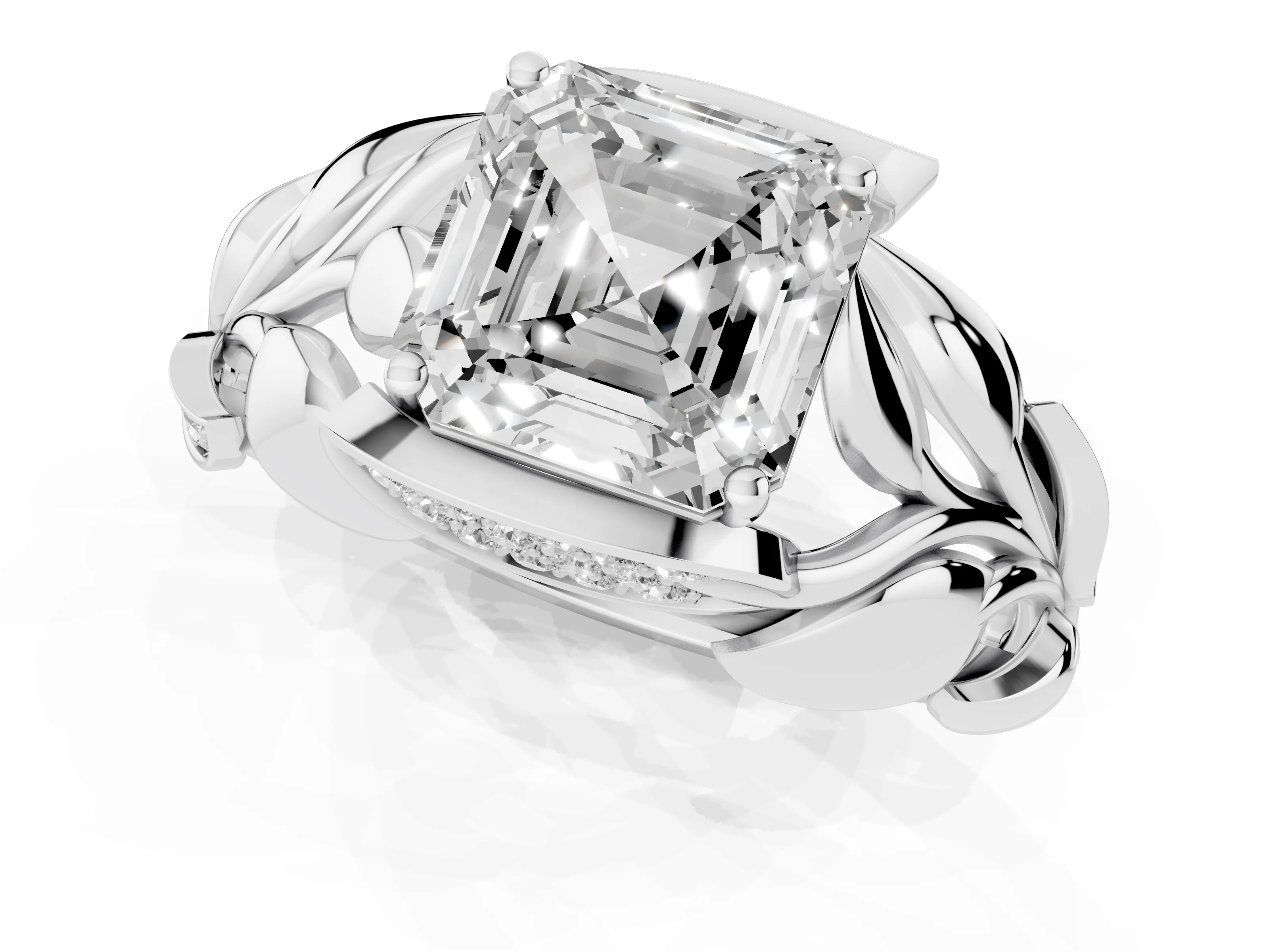 Asscher Cut Diamond Leaf-Inspired Engagement Ring Set in Silver with Round Accents