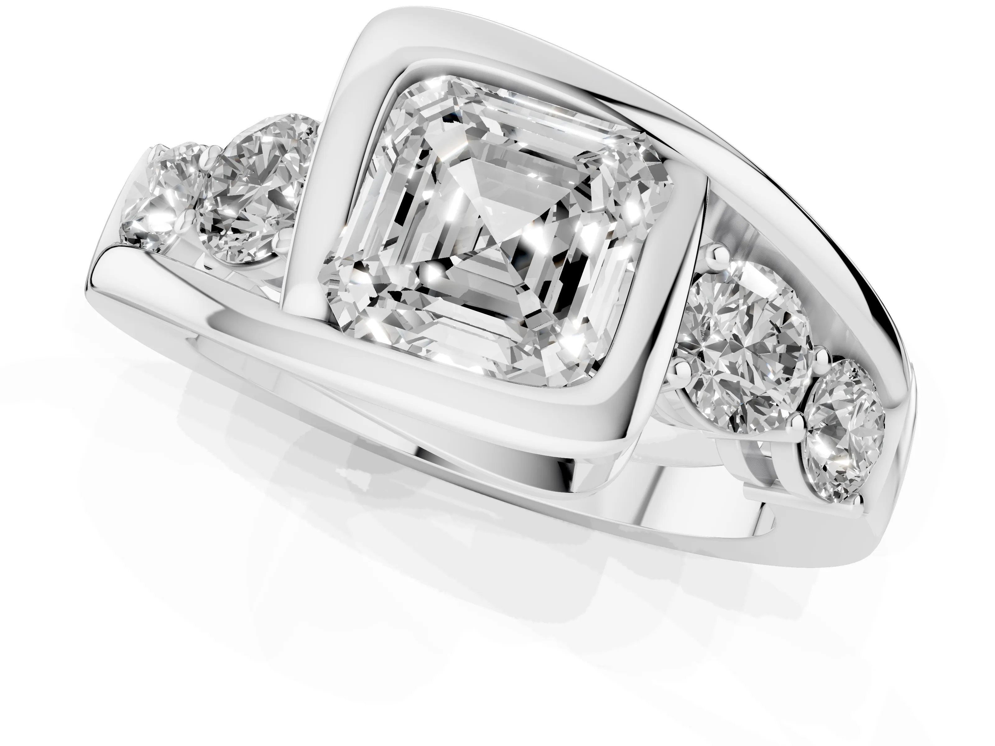 Asscher Cut Diamond Bezel Bypass Ring Set in Platinum with Round Accents