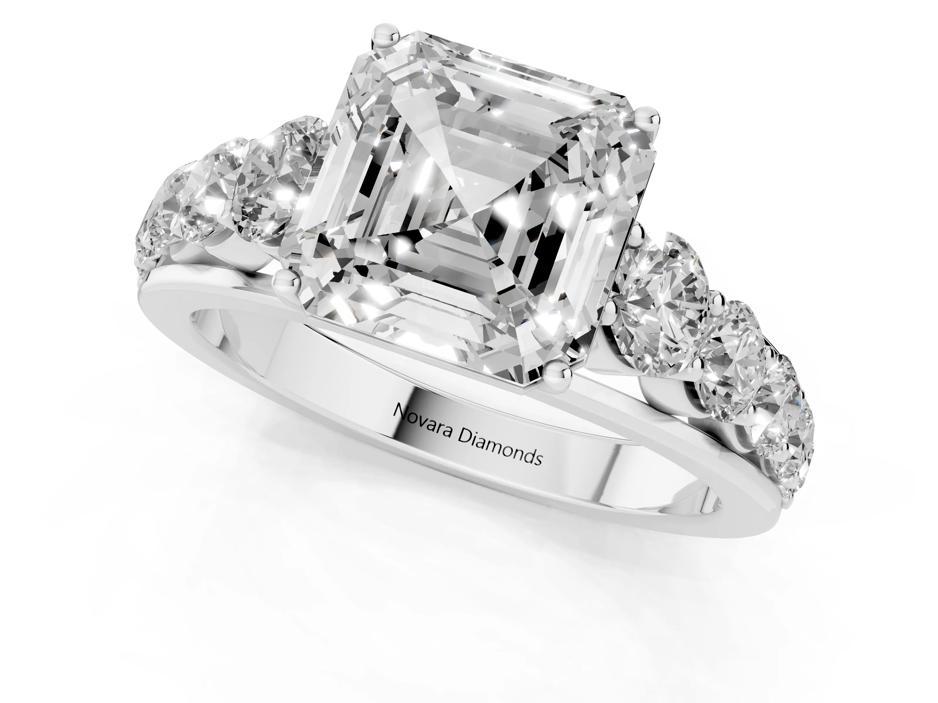 Asscher Cut Diamond Solitaire Ring Set in White gold with Pavé-Set Band and Prong Setting